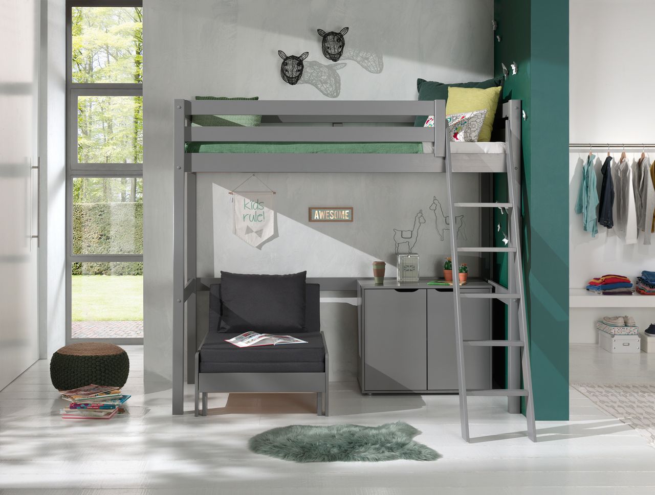 VIPACK Hochbett mit Liegefläche 90 x 200 cm inkl. Sesselbett und Kommode mit 2 Türen