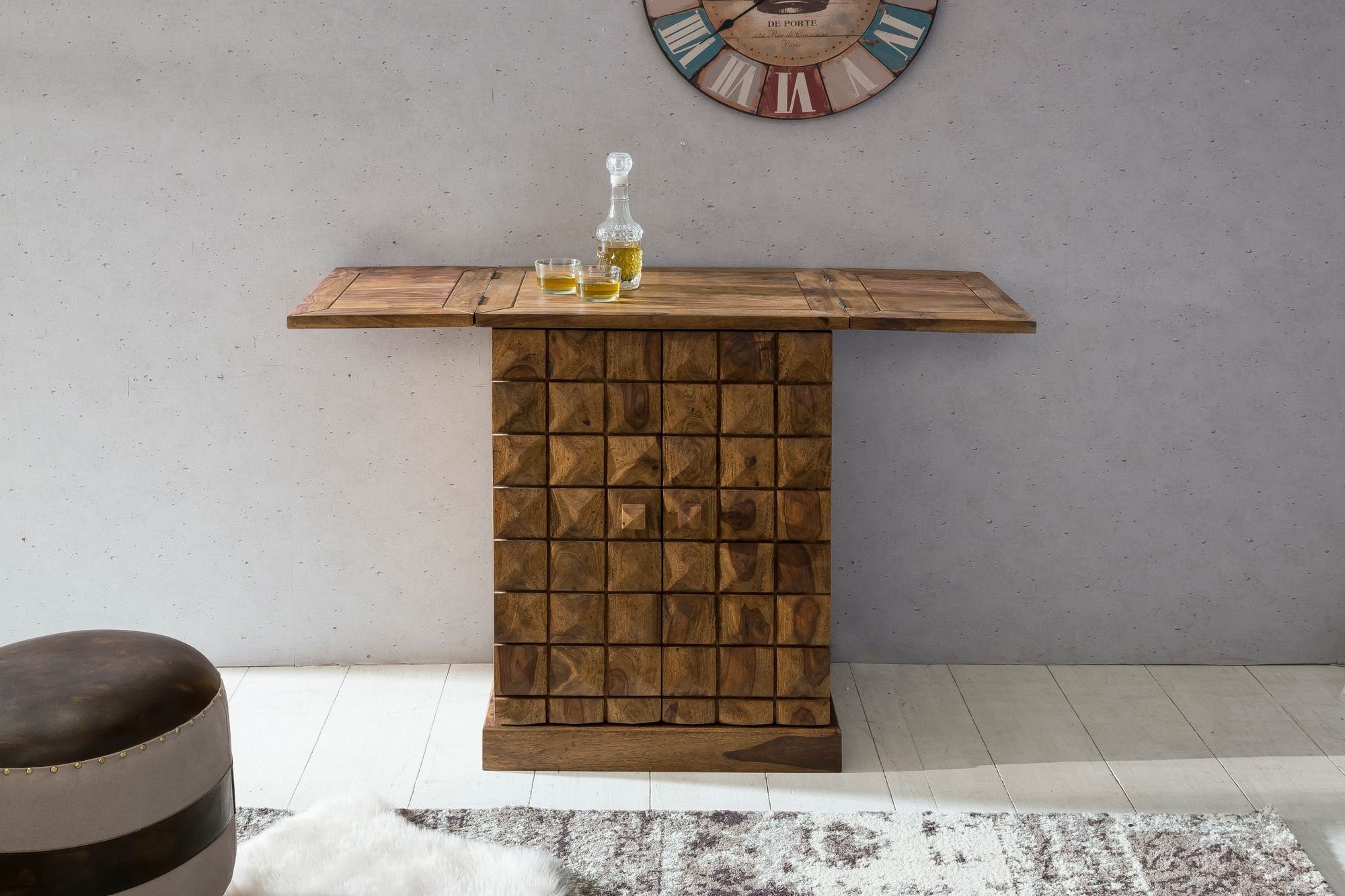 KADIMA DESIGN Barschrank Hausbar Massivholz Sheesham Vitrine ausklappbar