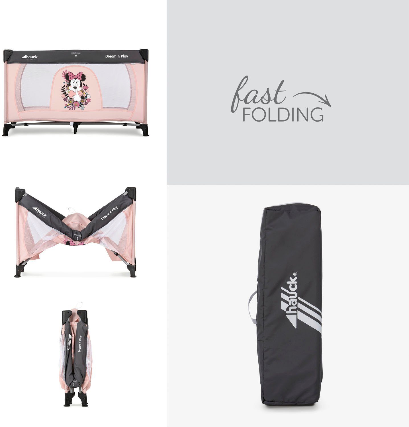 Hauck Baby-Reisebett Dream N Play - Minnie Sweetheart, inkl. Transporttasche