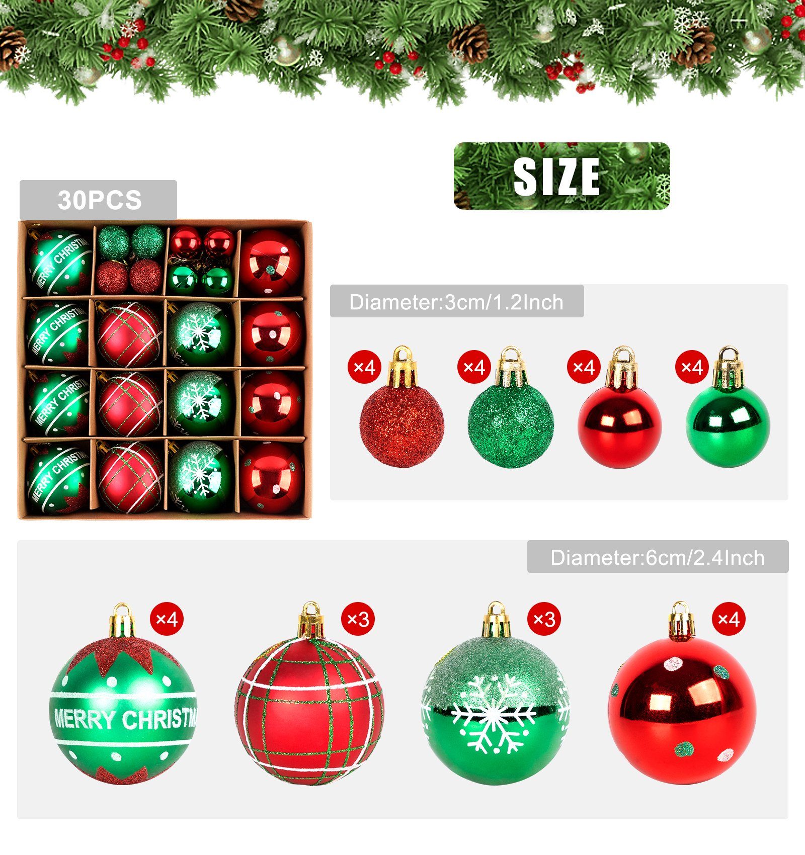 Homewit Christbaumschmuck Weihnachtskugeln Christbaumkugeln Ornamente Set (30-tlg), Glänzend Glitzernd Christbaumsdeko Weihnachten Dekoration