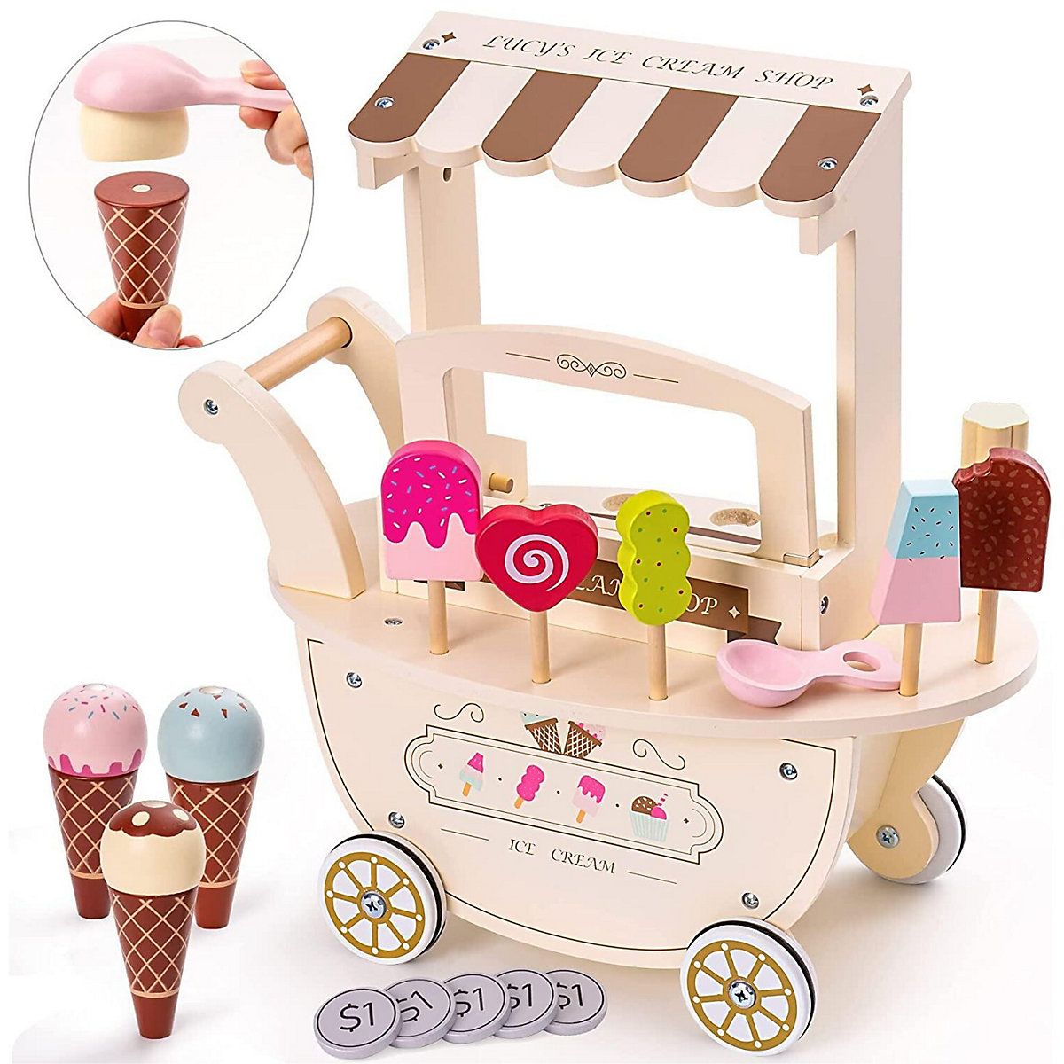 Eisdiele aus Holz auf Rollen für Kinder, Spielzeug Holz Eiswagen mit Zubehör, Eisdiele Spielset, Pädagogisches Spielzeug für Kleinkinder