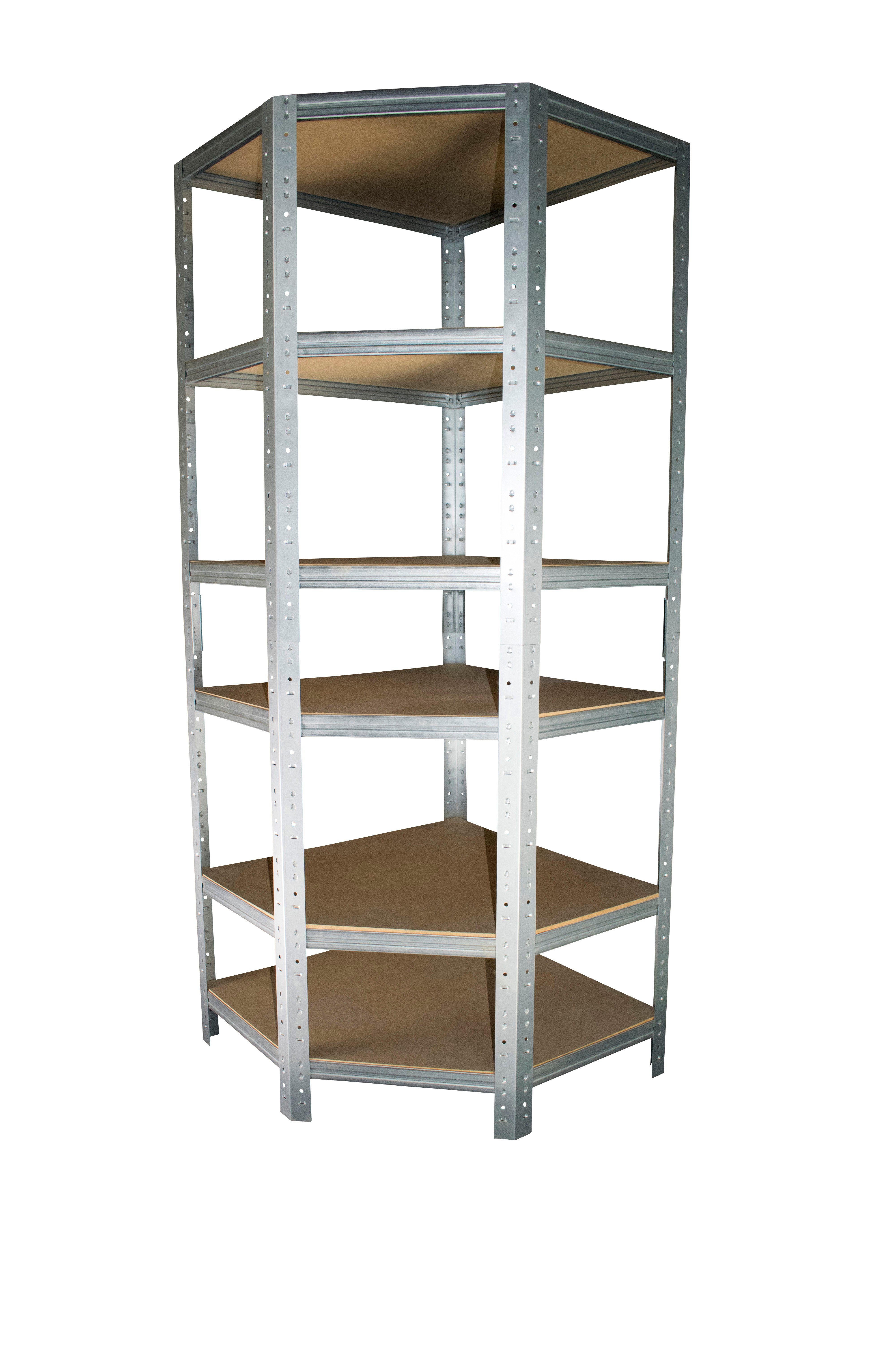 shelfplaza Eckregal HOME, 230x90x60cm verzinkt, Metall Eckregal stehend mit 6 Böden, Corner Shelf 145kg Tragkraft Schwerlastregal Ecke, Steckregal verzinkt Eckregal Keller Garagen Regal