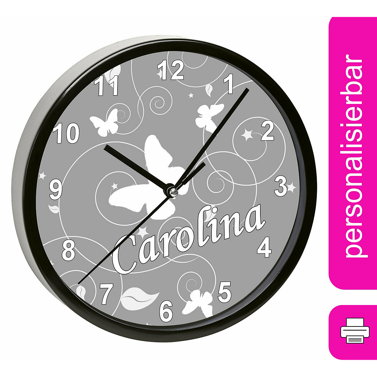 Kinder Wanduhr personalisiert mit Name Schmetterling Ornamente grau