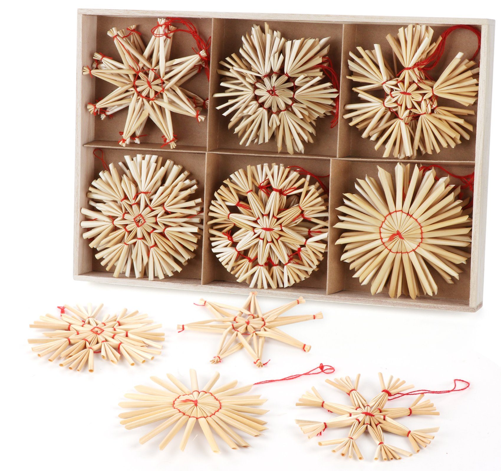 Homewit Christbaumschmuck Strohstern Set Christbaum Schmuck Stroh-Anhänger für Weihnachtsbaum (24-tlg), Weihnachtsdekoration - Ø 8cm mit Einer Schönen Holzkiste