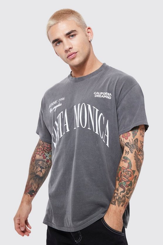 Kastiges T-Shirt mit Acid-Waschung und Santa Monica Print