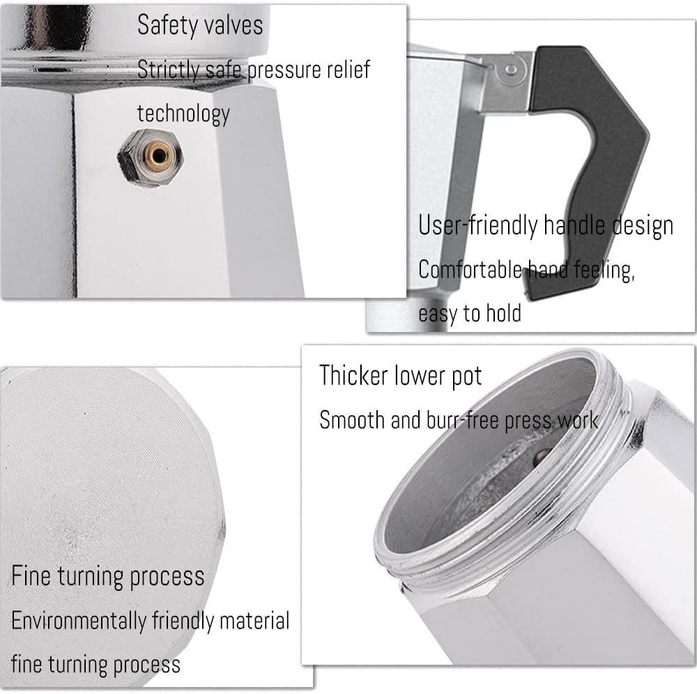 BlingBin Kaffeebereiter 9-12 Tassen Espressokocher Espressokanne Kaffe Kocher, 0.45l Kaffeekanne, Edelstahlfilter, Silikondichtung, Sicherheitsventil
