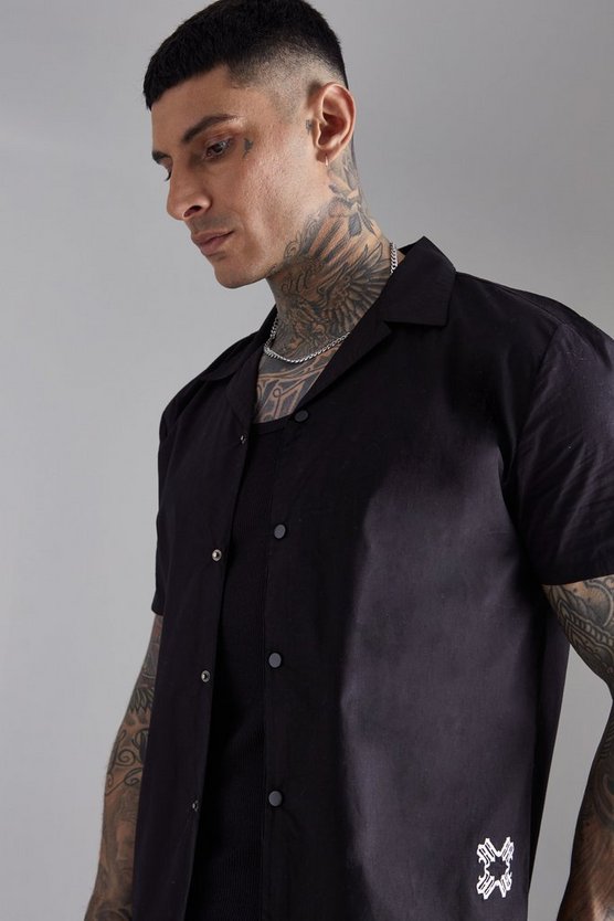 Tall Short Sleeve Drop Revere Back Embroidered Shirt