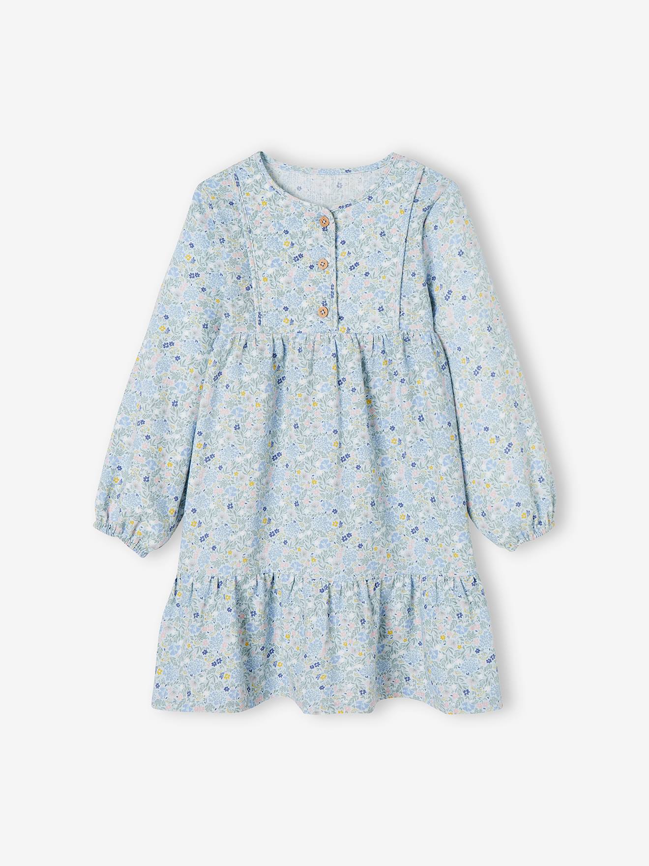 Robe volantée à fleurs fille détail matelassé fantaisie bleu ciel