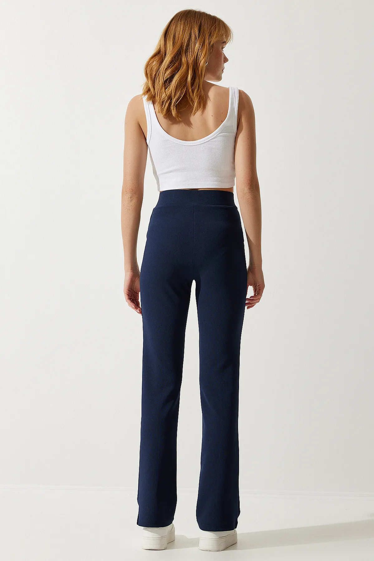 Happiness İstanbul  Marineblaue, bequeme Strickhose aus Lycra mit hoher Taille für Damen RV00090