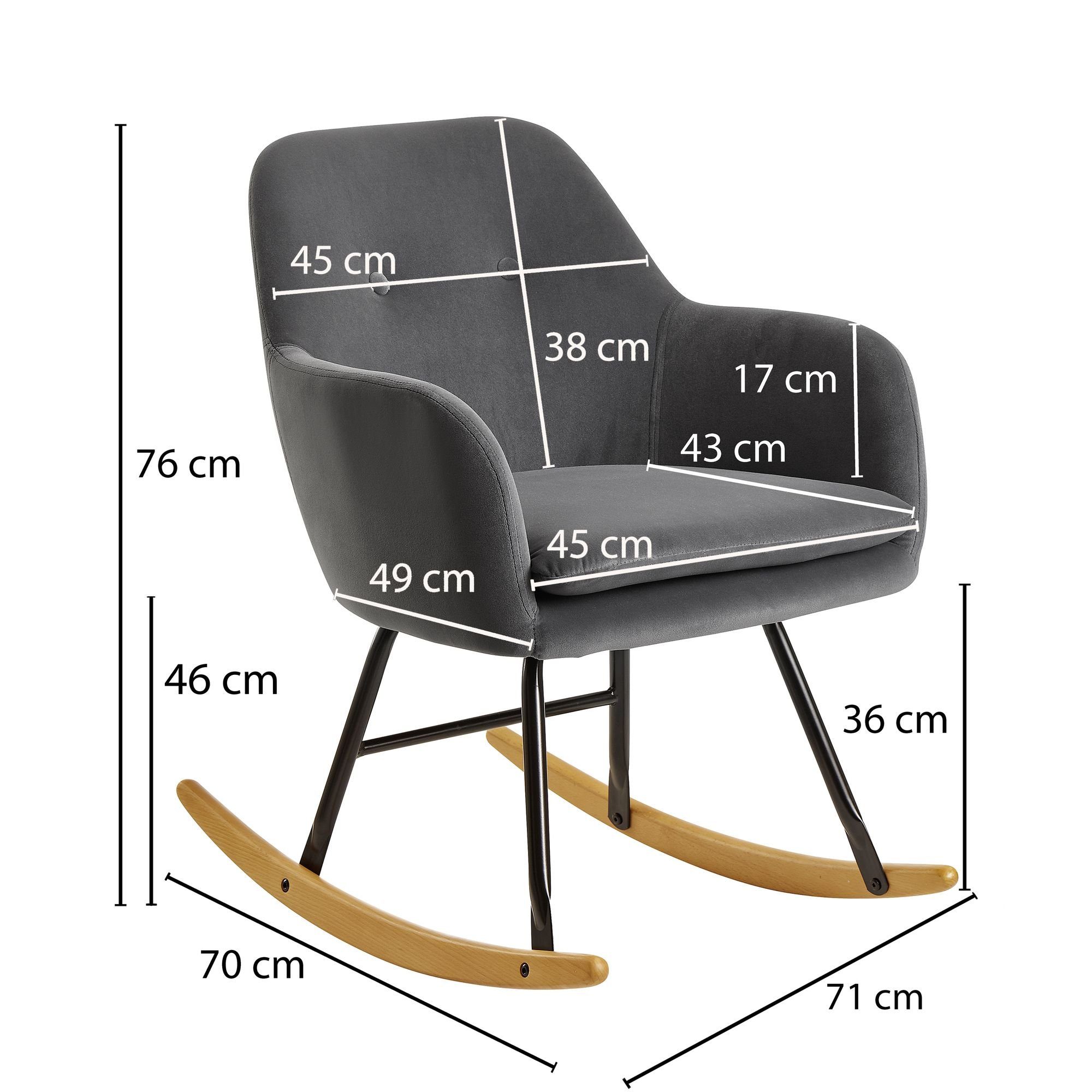 FINEBUY Schaukelstuhl FB23326 (Dunkelgrau 71x76x70cm Relaxsessel Samt Holz), Schaukelsessel Skandinavisch, Schwingsessel Modern