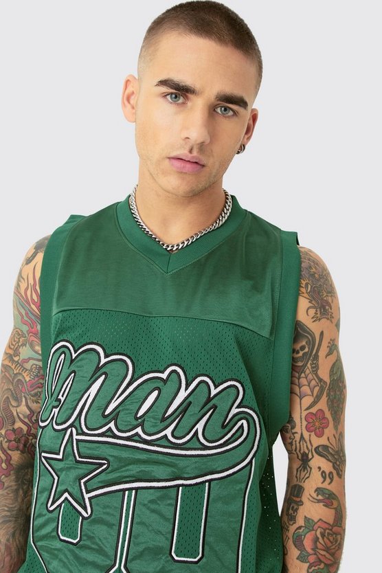 Tanktop aus Mesh und Satin mit Baseball-Applikation