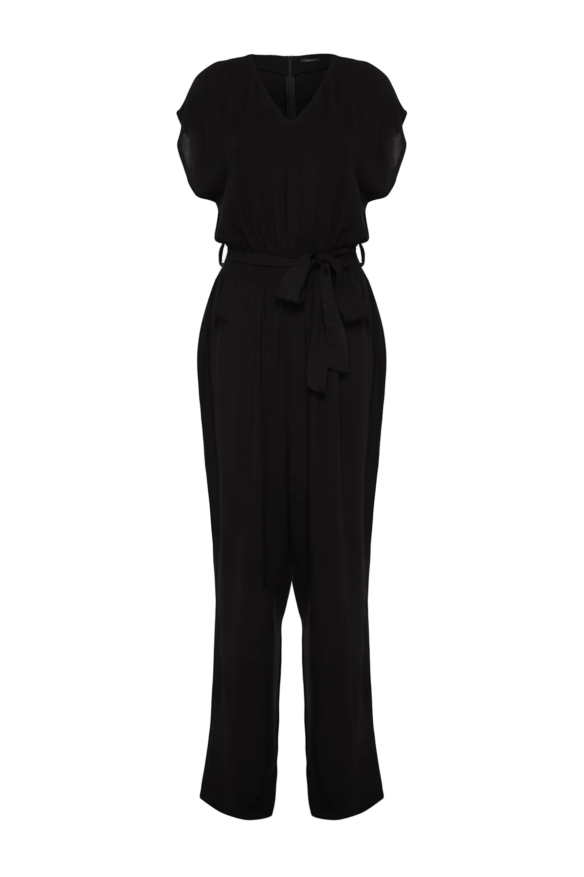 Trendyol Curve  Schwarzer, gewebter Jumpsuit mit weitem Bein und Gürtel TBSSS22TU0161