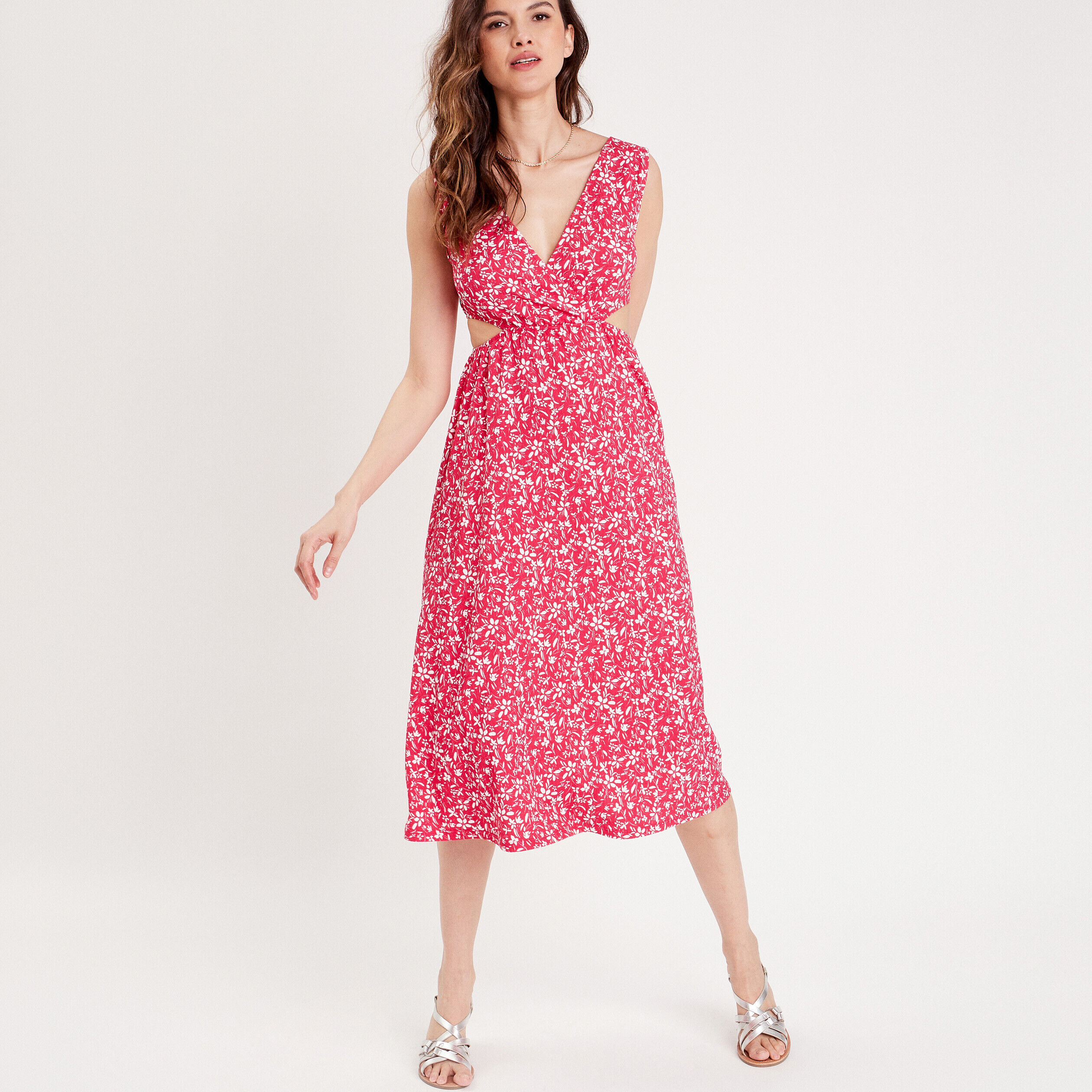 Robe midi évasée ouvertures rose fushia femme | Cache Cache