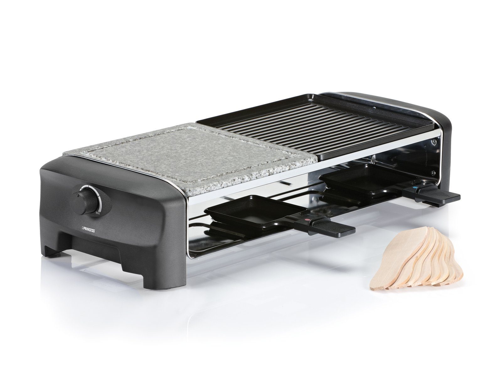 Setpoint Raclette, 8 Raclettepfännchen, 1400 W, großes Gerät 2-8 Personen Tisch-Grill Stein & wendbare Griddle Platte