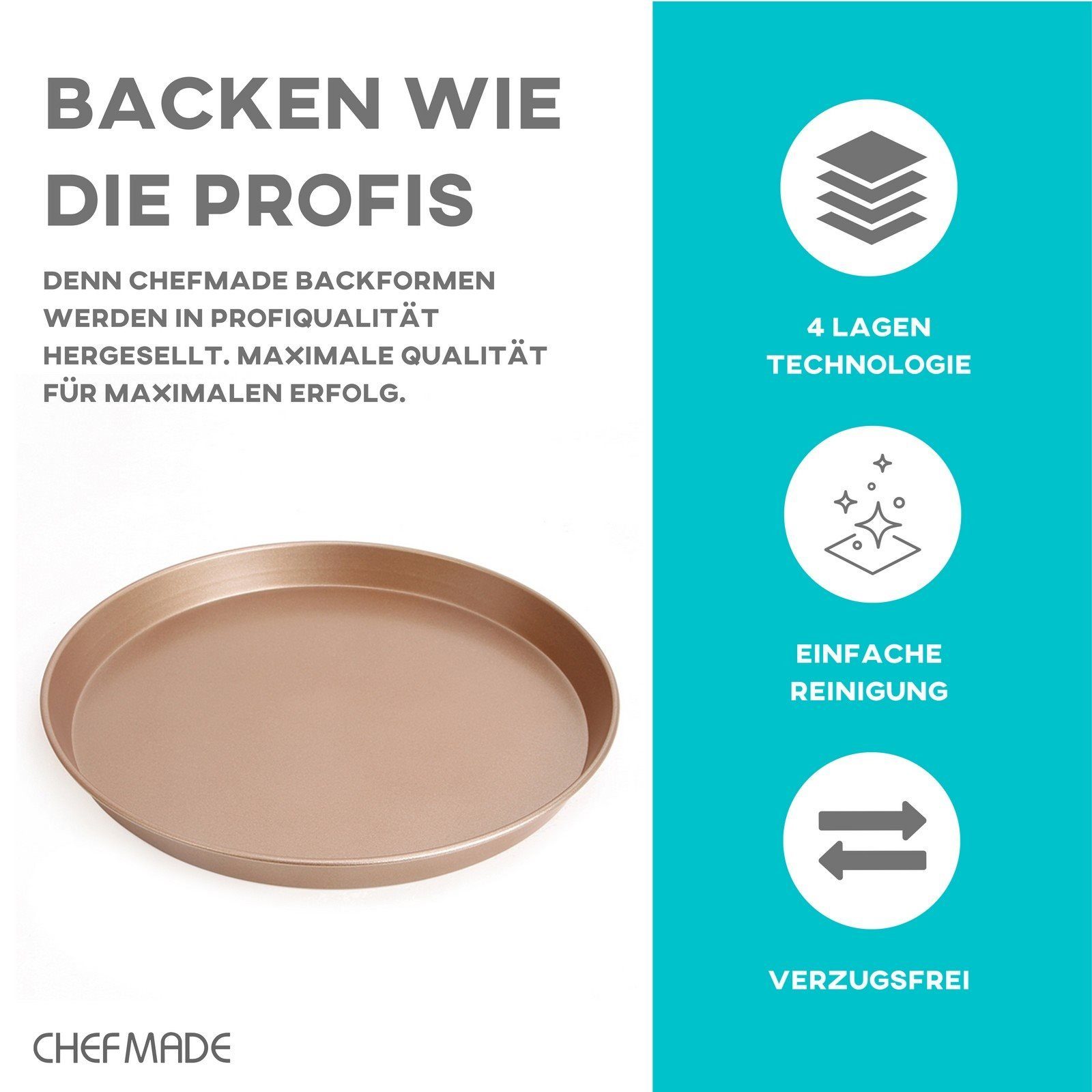 Chefmade Pizzablech Backblech, Karbonstahl, (CHEFMADE, 28cm Pizzablech rund, 279x25mm, Champagnergold, antihaft- & silikonbeschichtet, Pizzaform, Kuchenblech, Tarteform, Quicheform, Ofenblech, Karbonstahl, 1-St., Premium), Pizzablech - Pizzablech Run