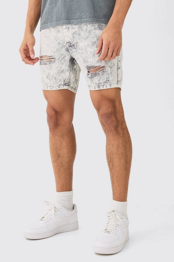 Zerrissene Slim-Fit Jeansshorts in Eisgrau