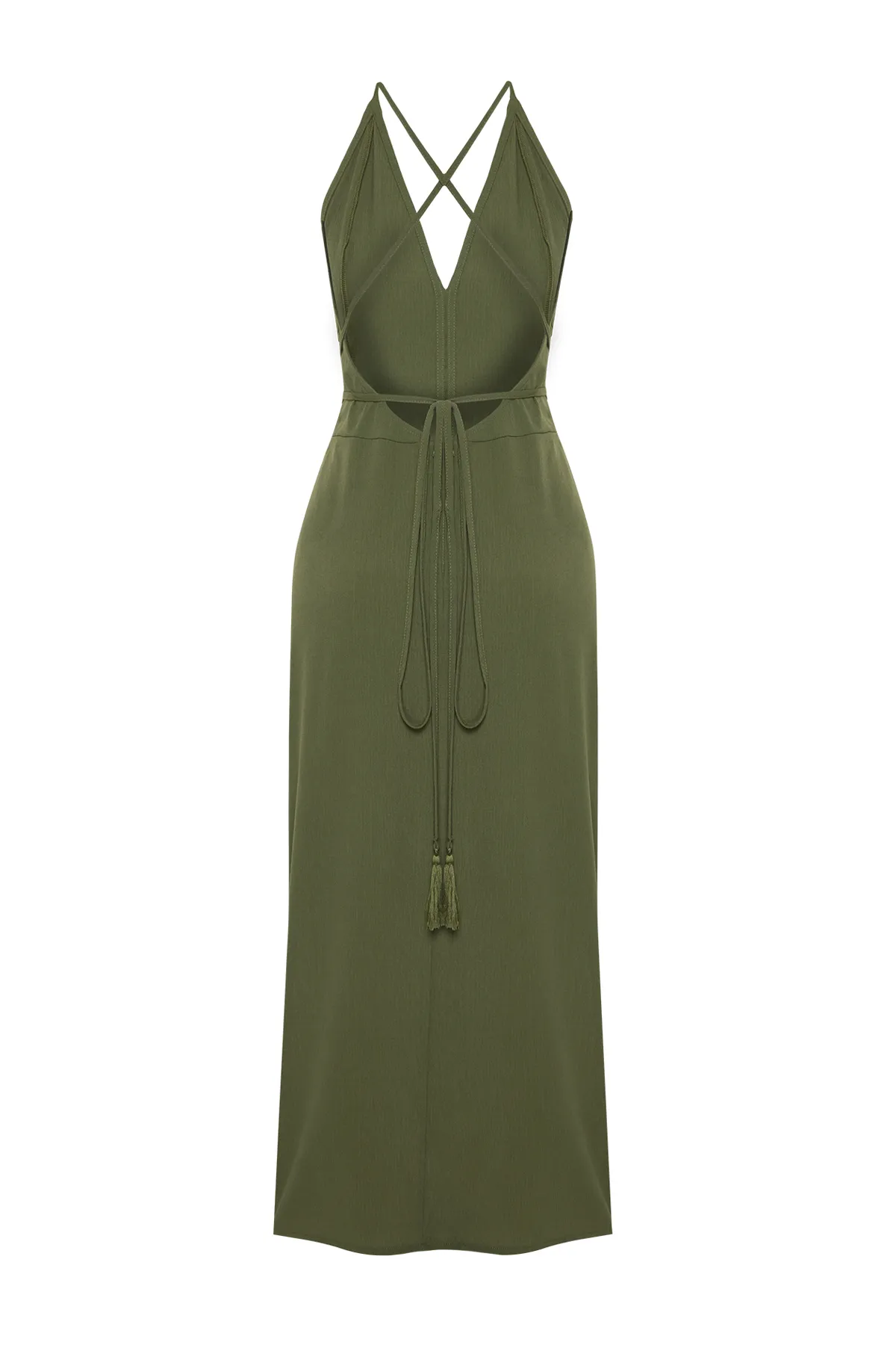 Trendyol Collection  Khakifarbenes Midi-Strandkleid mit gewebtem Rücken und tiefem Ausschnitt TBESS22EL0727