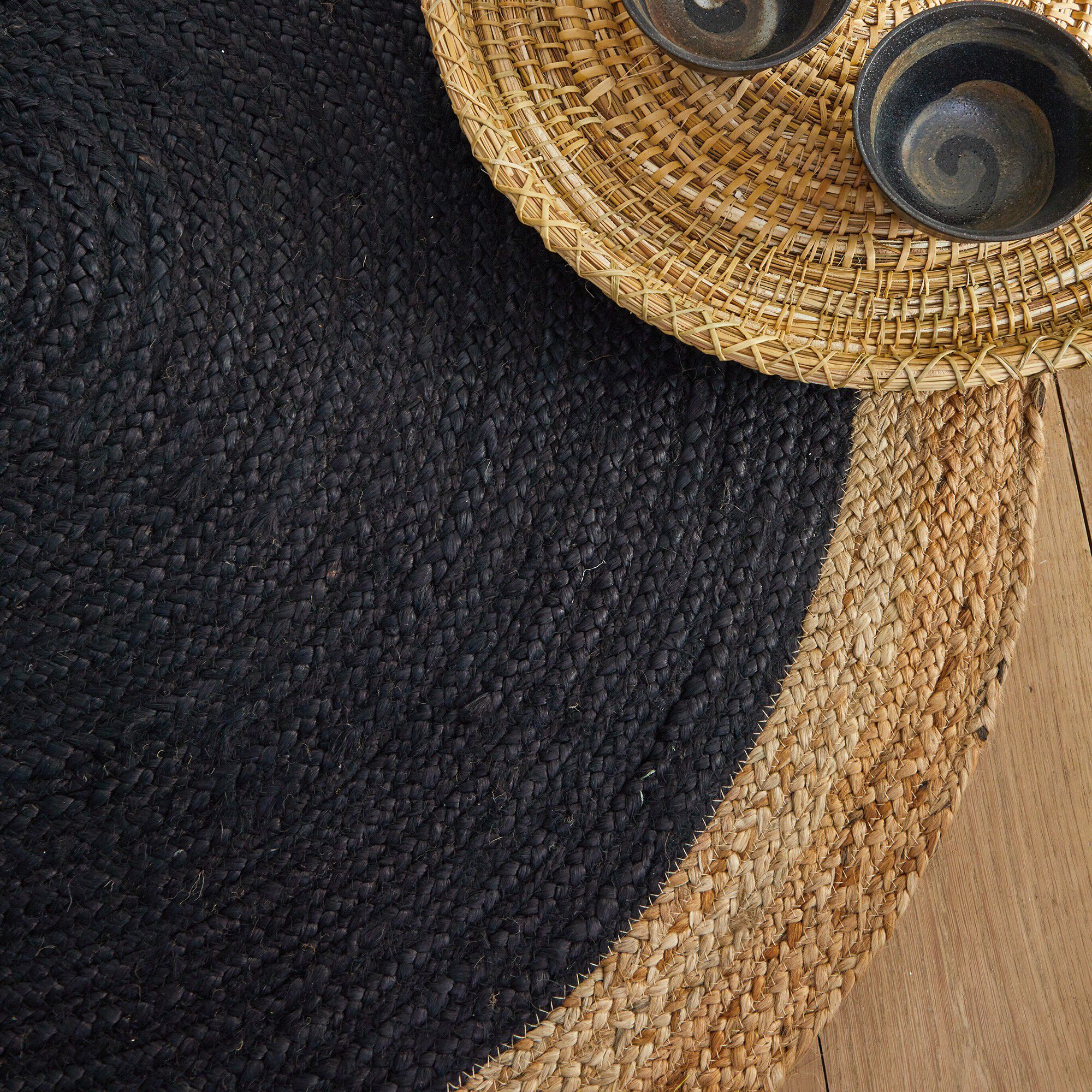 Tapis rond jute bicolore noir et naturel