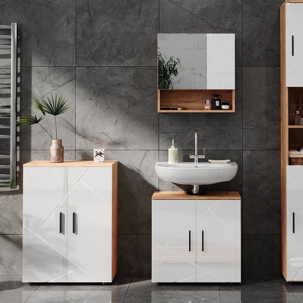 Vicco Badkommode Badschrank IRMA Goldkraft-Eiche/Weiß Hochglanz