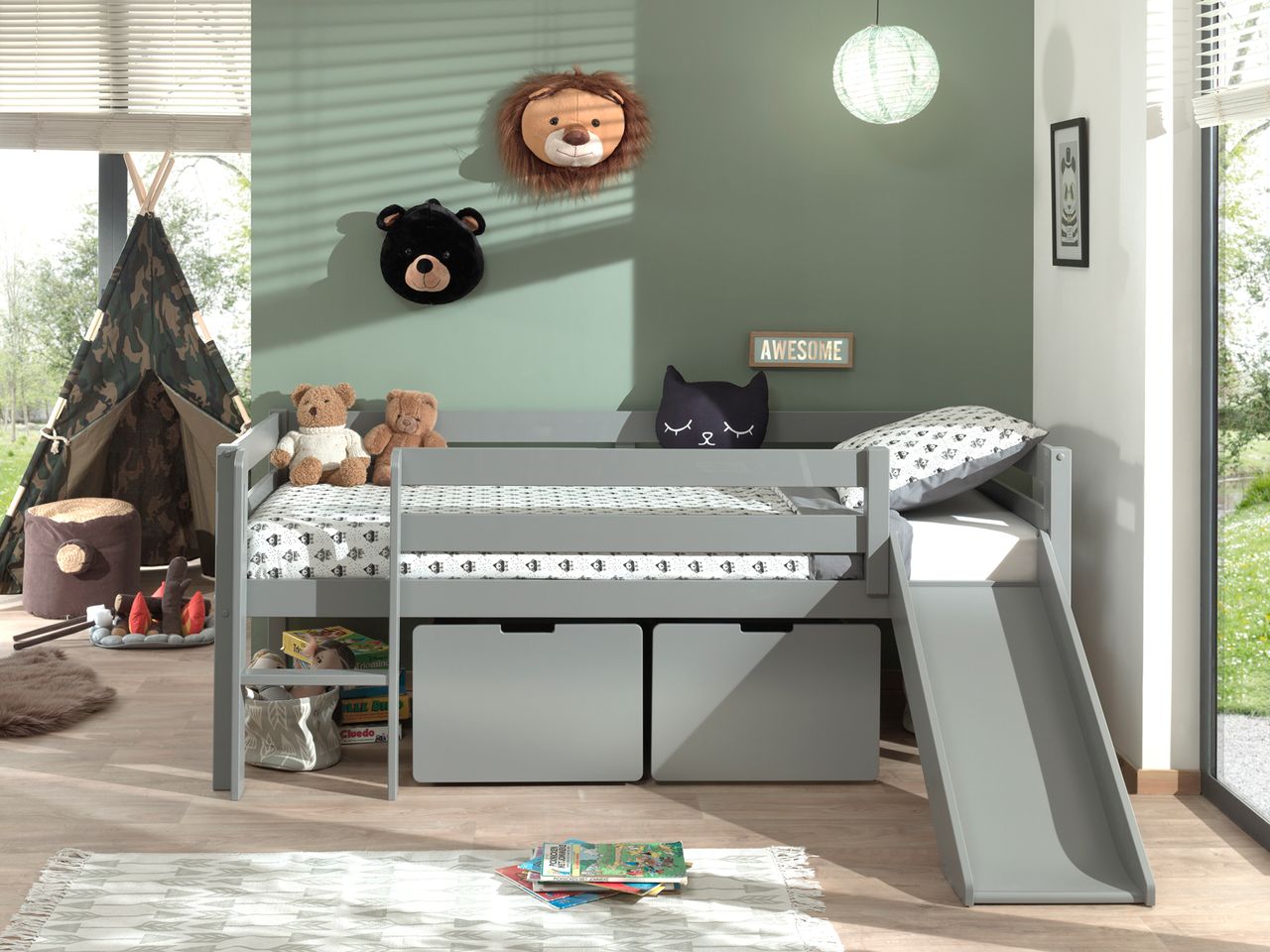 VIPACK Spielbett mit Liegefläche 90 x 200 cm, inkl. Leiter, Rutsche, Rolllattenrost und 2 Schubkästen, Kiefer und MDF grau lackiert