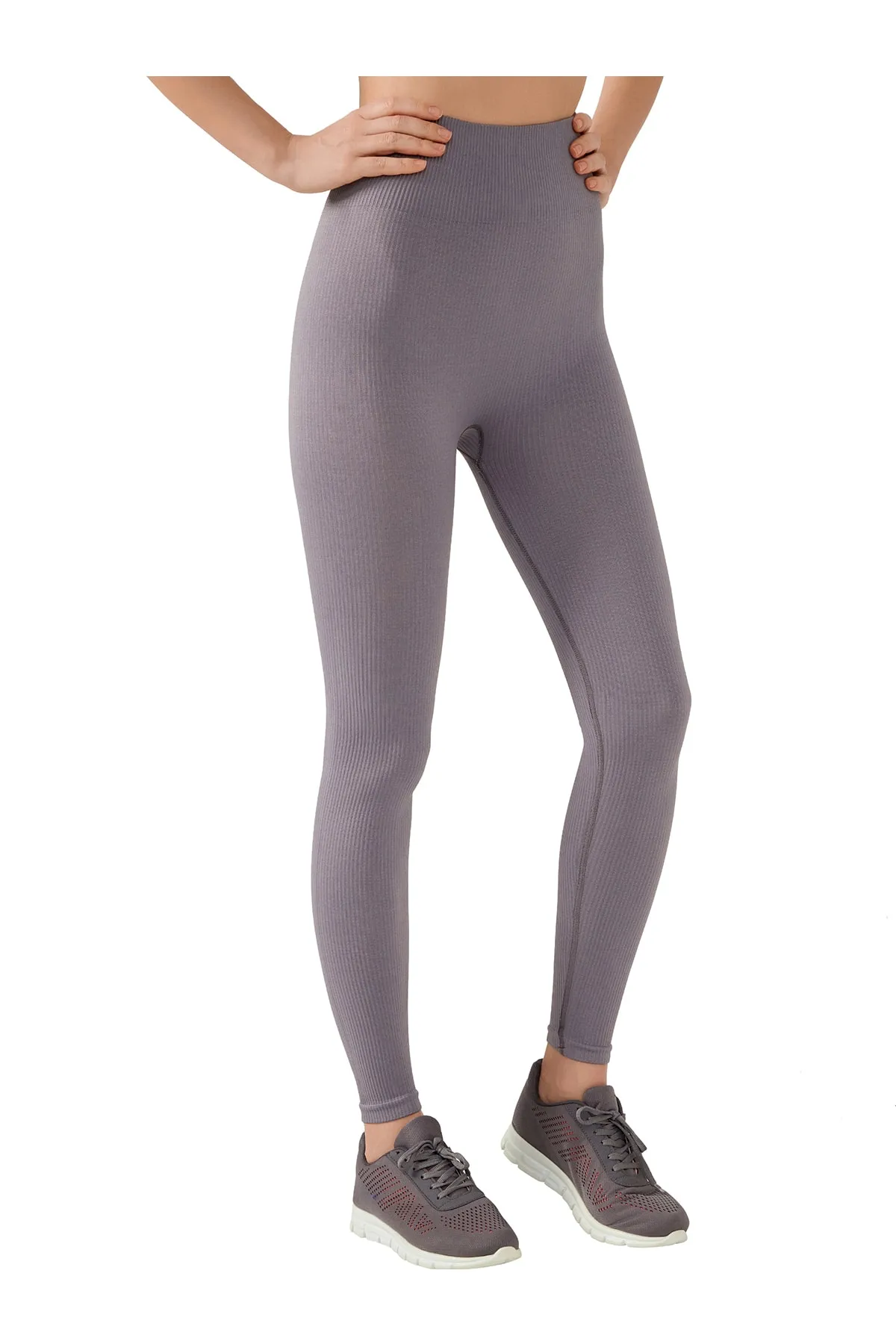 LOS OJOS  Anthrazitfarbene, nahtlose, gerippte Fitness-Leggings mit hoher Taille für Damen