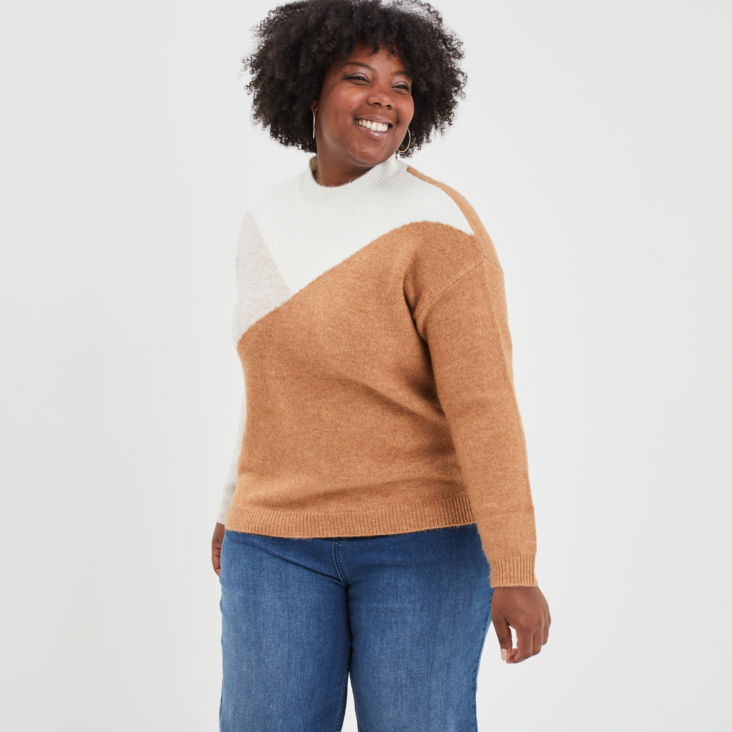 Pull col montant manches longues beige femme grande taille | La Halle