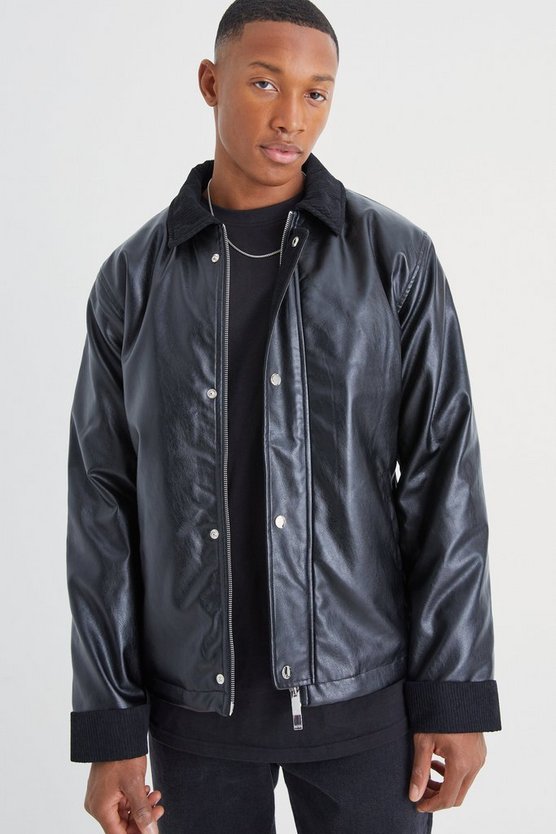PU Harrington-Jacke mit Kord-Detail