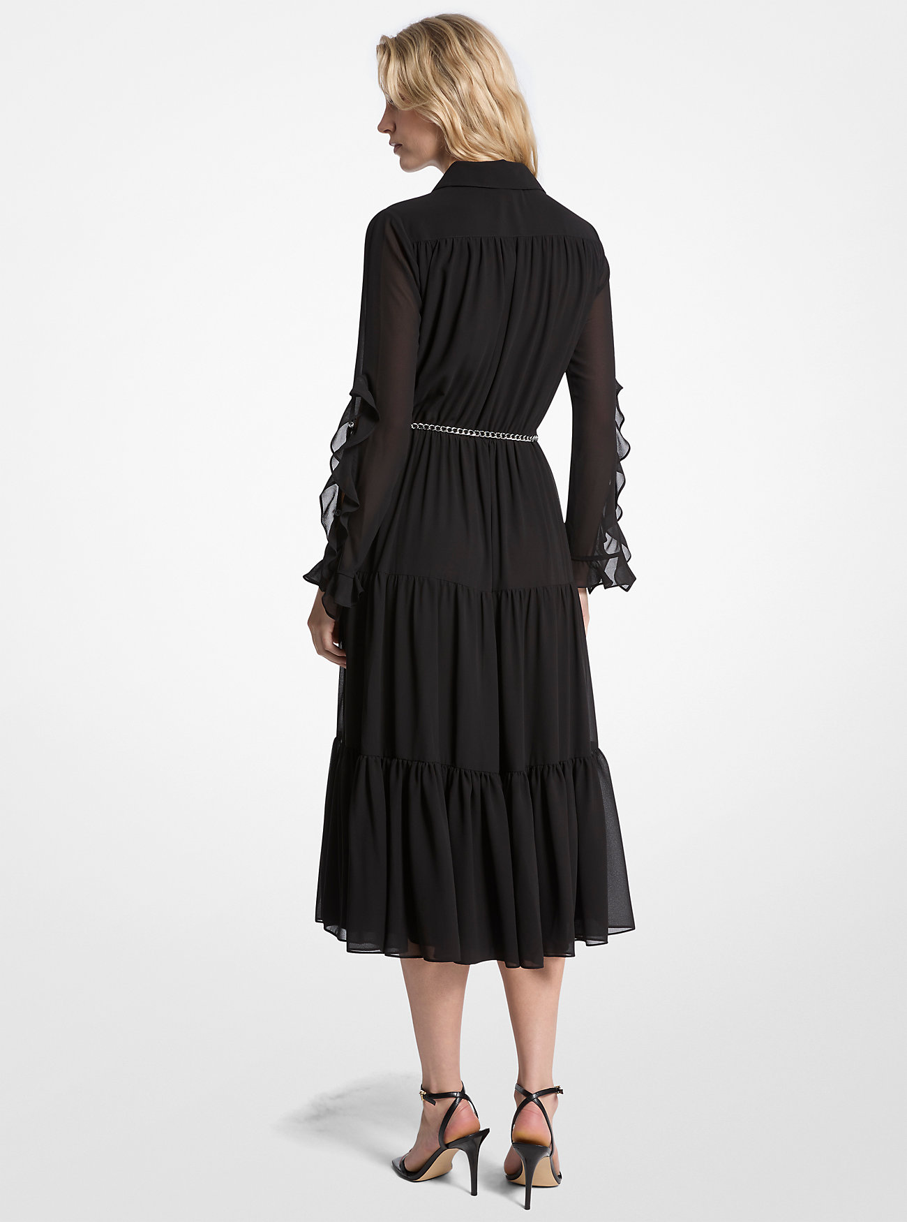 Abito midi in georgette con volant - NERO