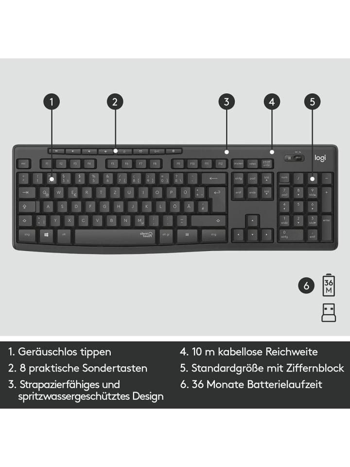 Logitech Kabelloses Tastatur-Maus-Set mit SilentTouch-Technologie, in Schwarz günstig kaufen onesize