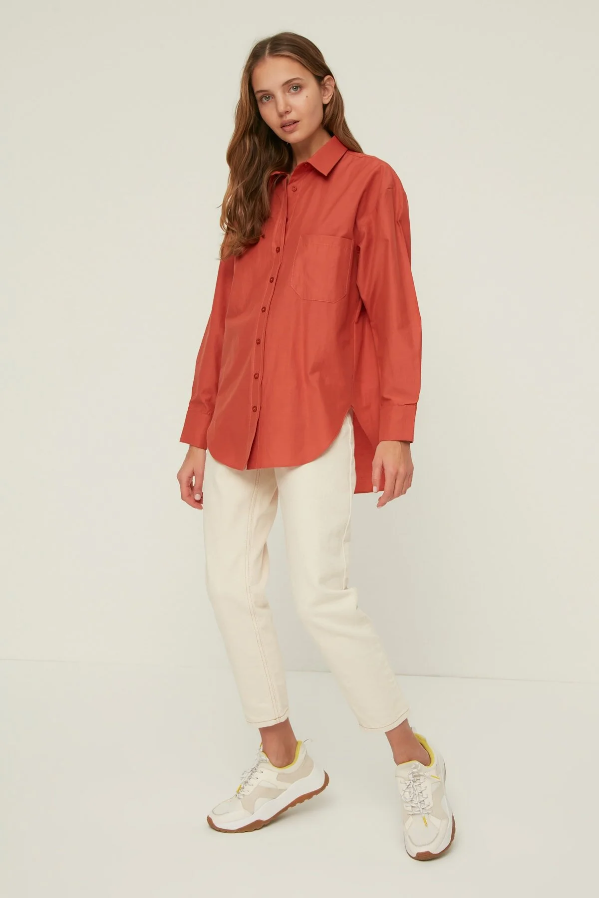 Trendyol Collection  Tile Single-Pocket-Boyfriend-/Wide-Fit-Baumwollgewebehemd TWOAW20GO0115