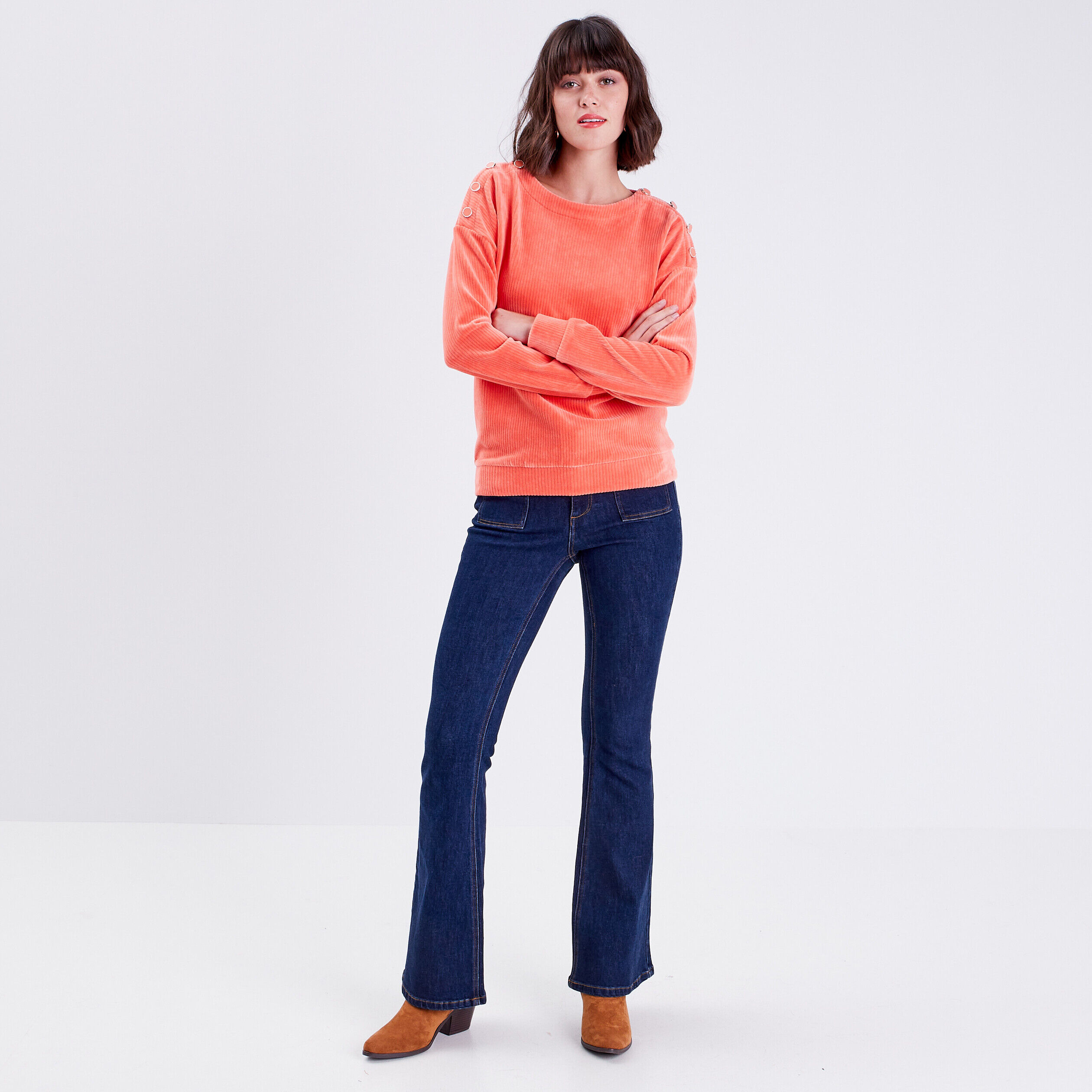 Sweat manches longues velours orange corail femme | Cache Cache