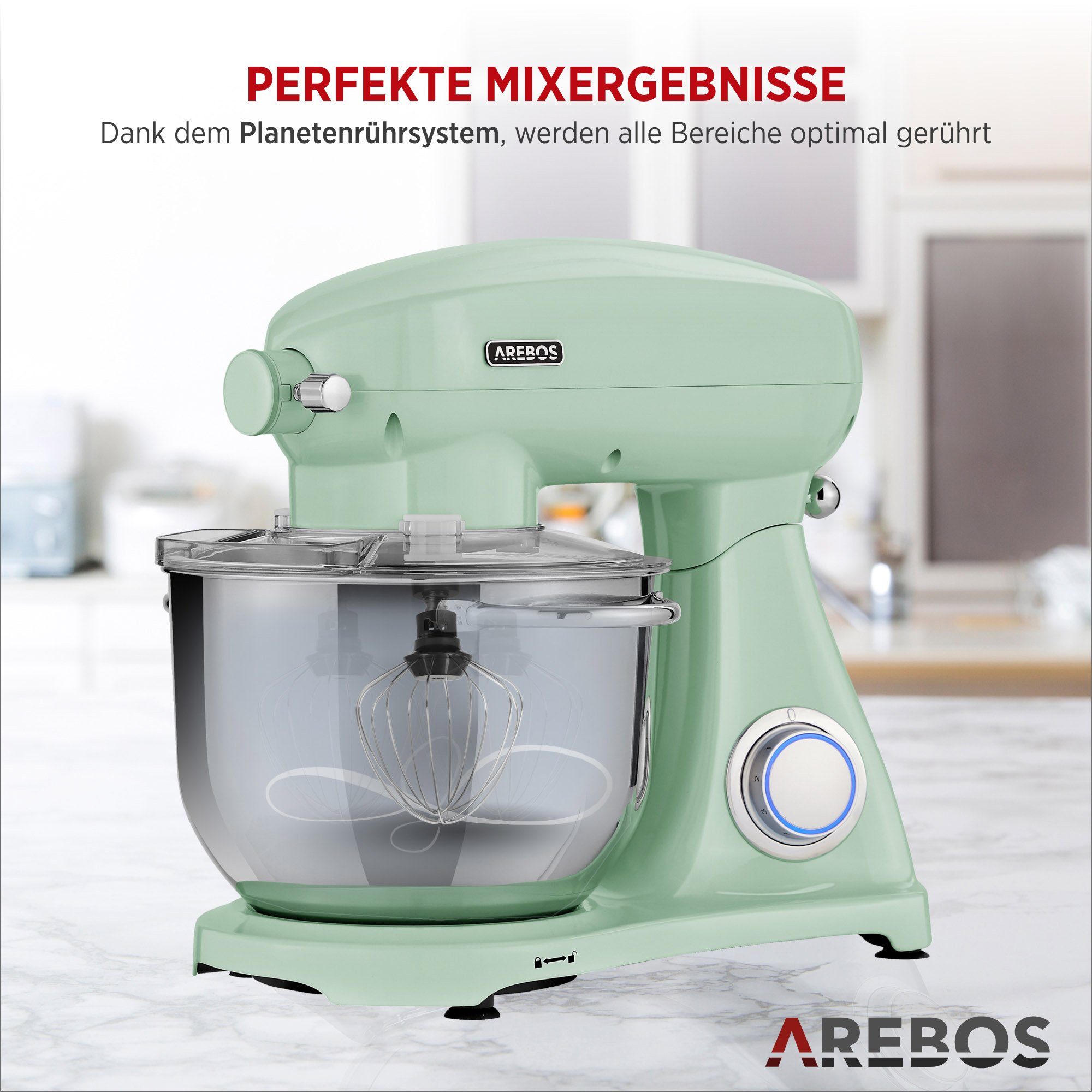 Arebos Küchenmaschine Retro, 6L Edelstahl-Rührschüssel, 6 Geschwindigkeiten, 1800 W