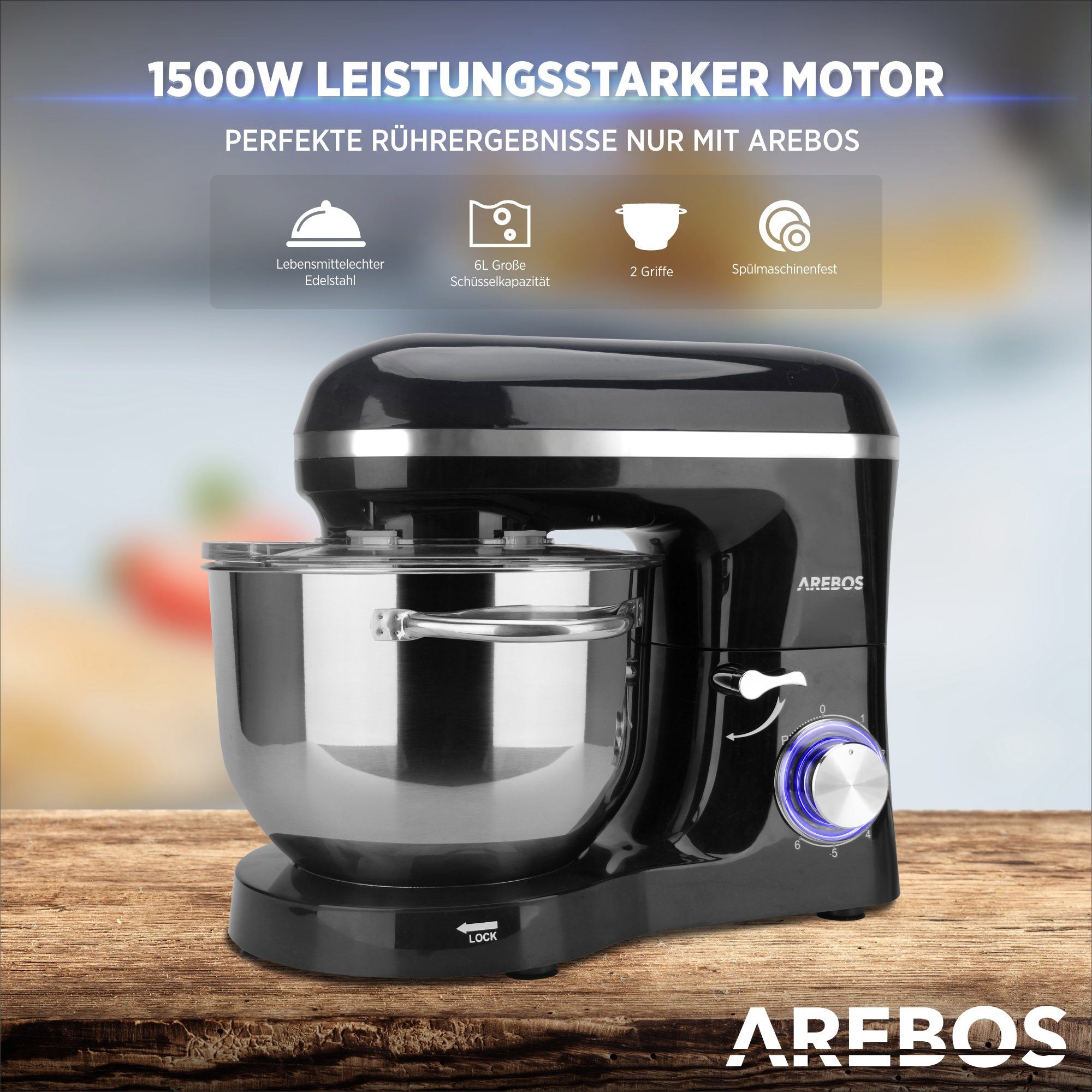 Arebos Küchenmaschine mit 6L, Edelstahl-Rührschüssel, 3 Farben, 1500 W