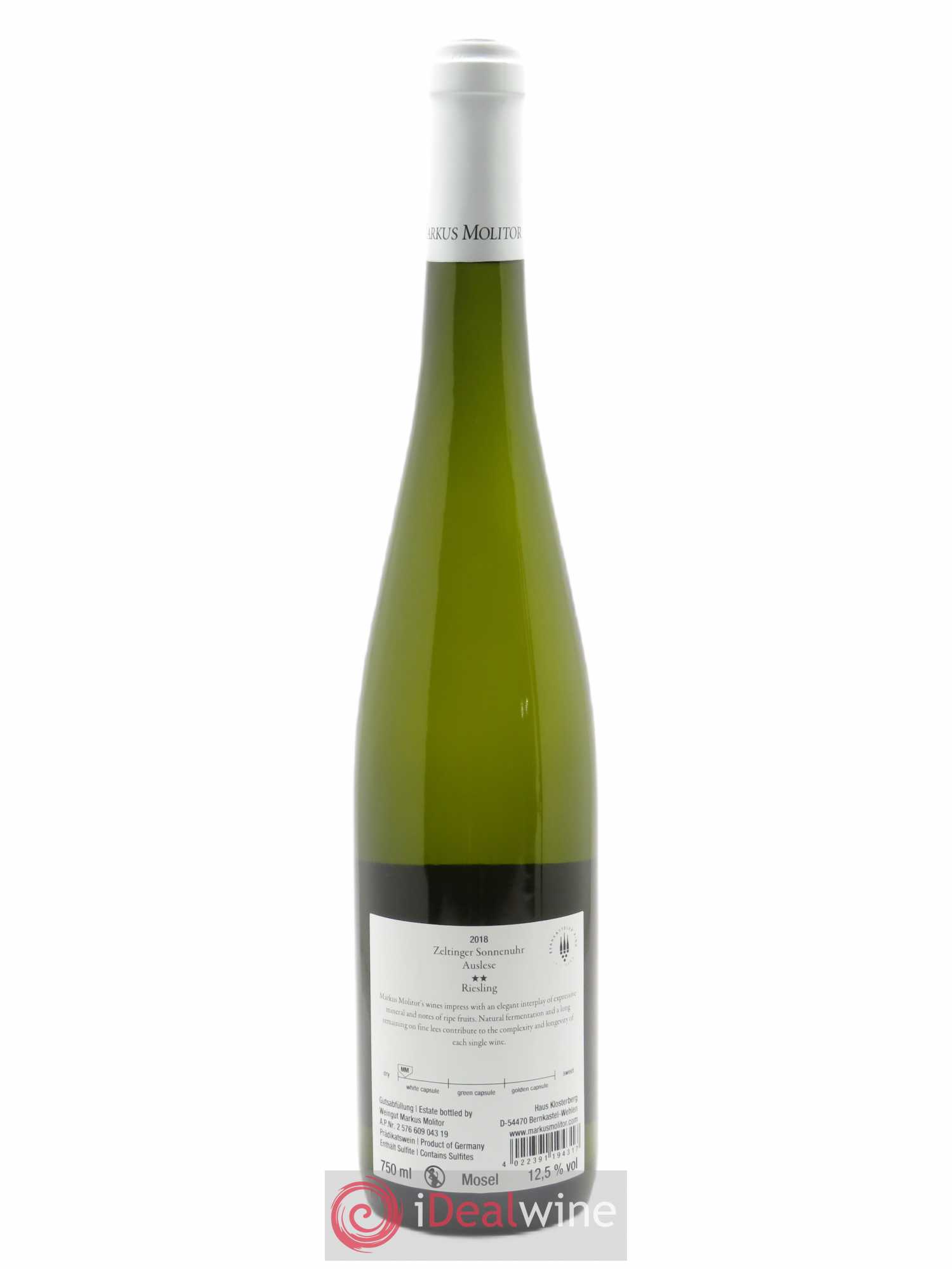 Riesling Markus Molitor Zeltinger Sonnenuhr Auslese White Capsule°°  2018 - Lot de 1 Bouteille