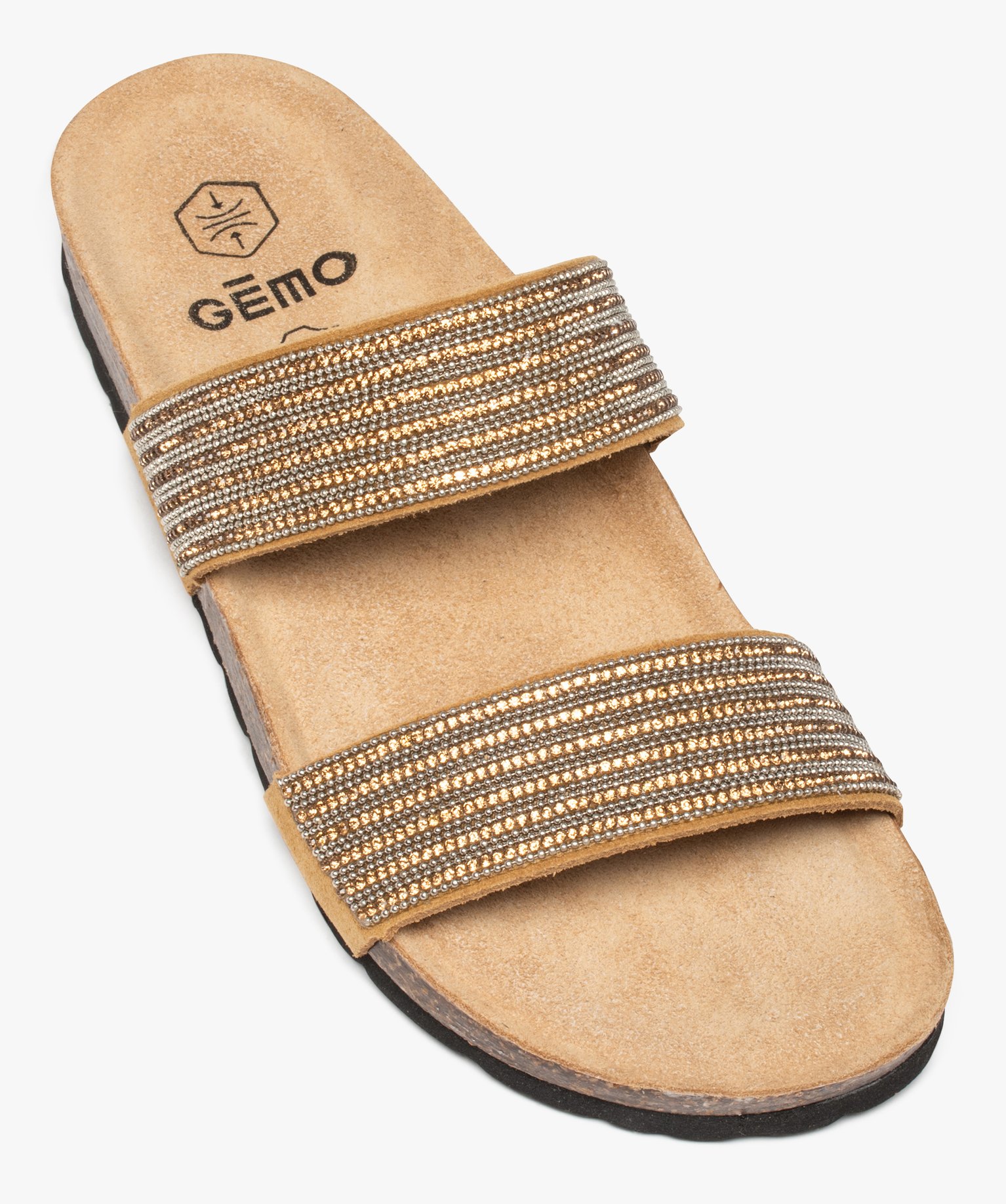 Mules femme plates à semelle liège et brides strass camel | GEMO