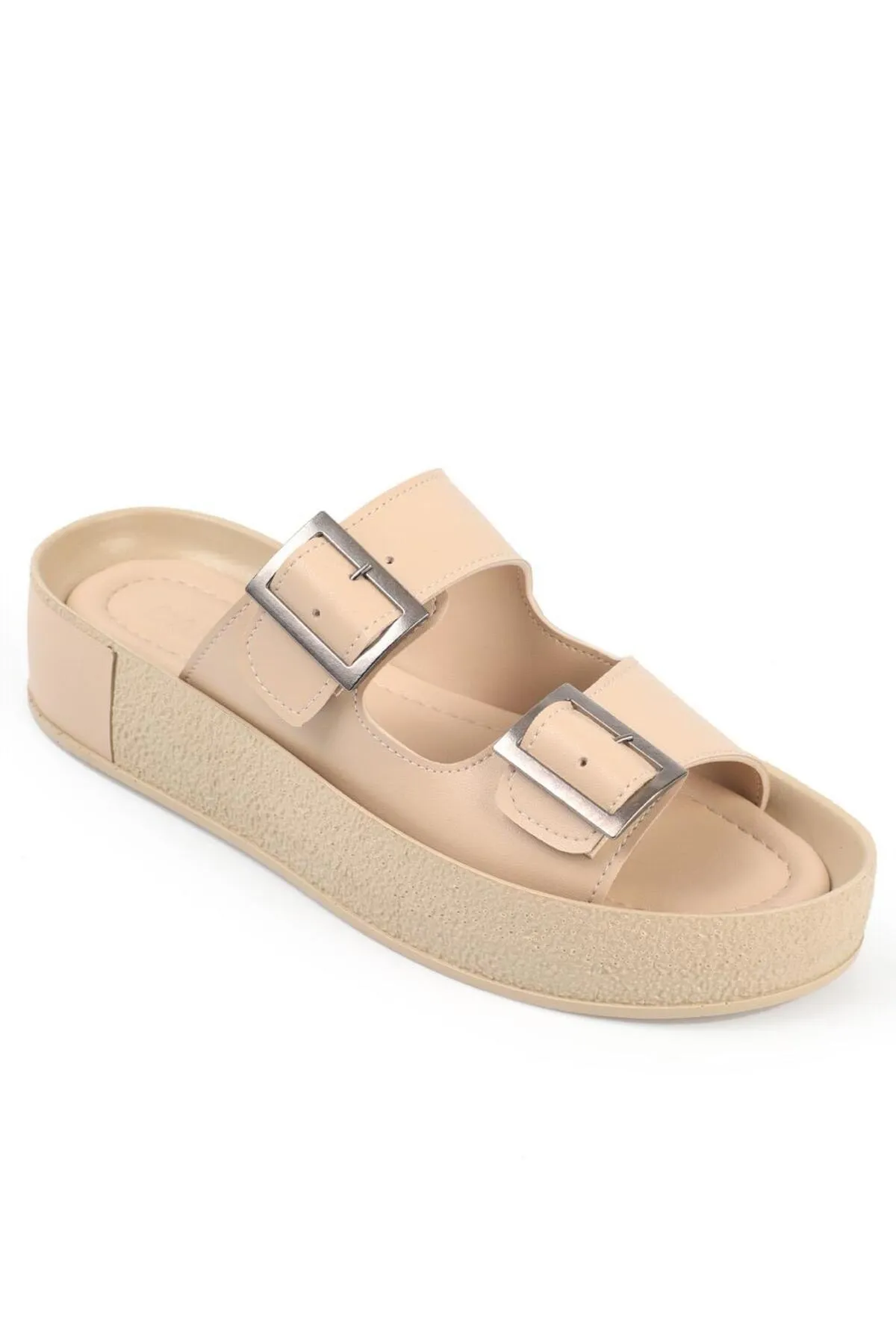 Capone Outfitters  Capone Damen-Hausschuhe mit doppelter Gürtelschnalle und Keilabsatz in Beige