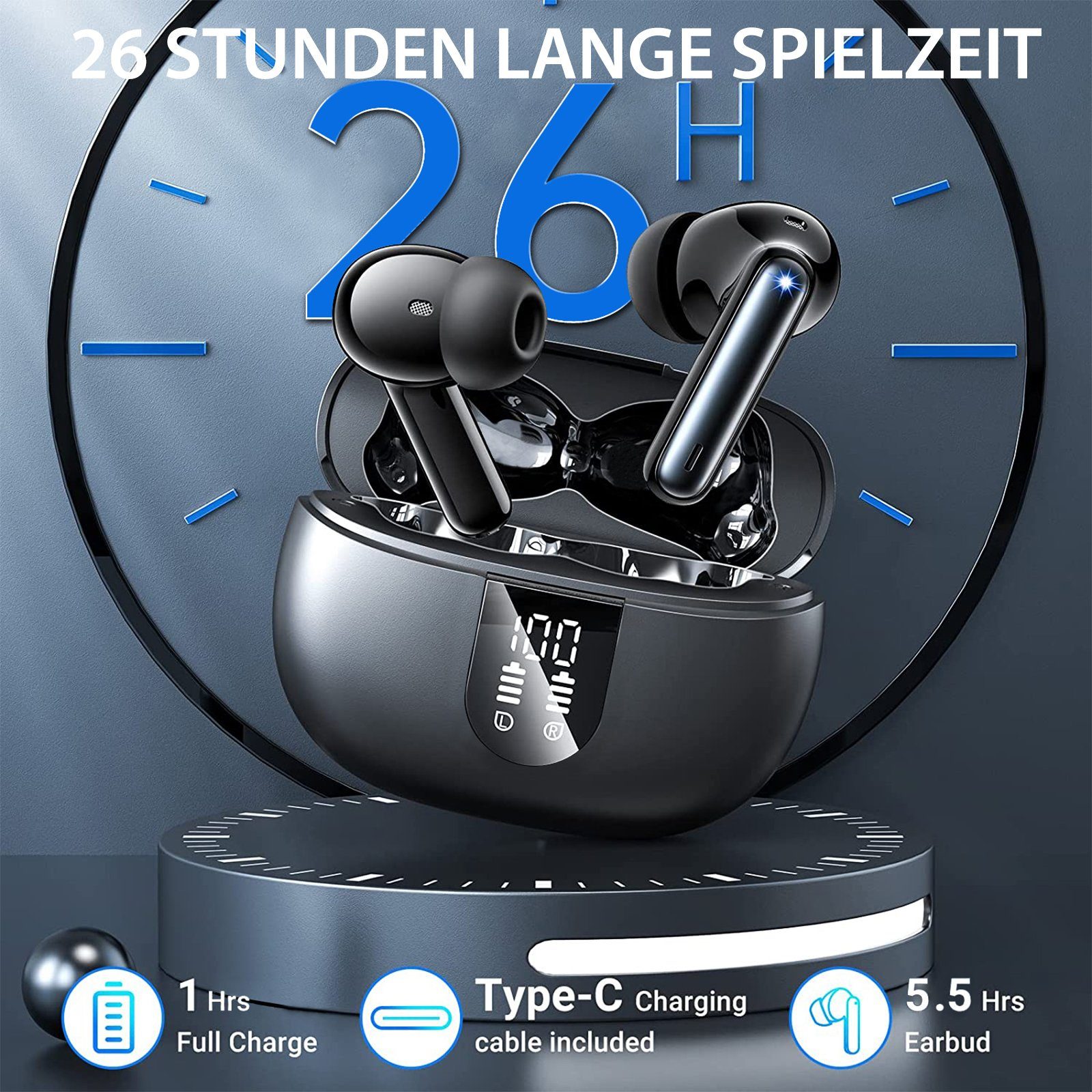 Yuede Bluetooth 5.3 Kopfhörer, Earbuds Kabellos mit LED-Ladebox In-Ear-Kopfhörer (Immersives HIFI-Stereo, Bluetooth Kopfhorer mit LED-Ladebox, ENC HD Anruf, One Step Pairing, 10-mm-Schwingspule)