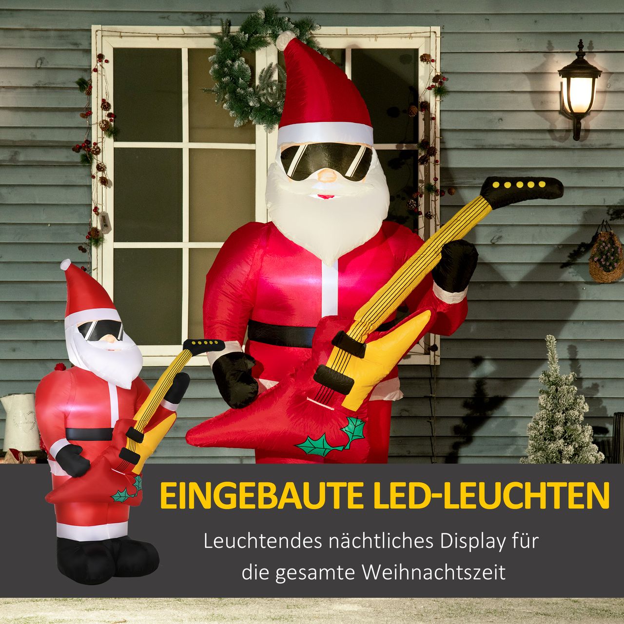 Outsunny 215 cm Aufblasbarer Weihnachtsmann mit E-Gitarre mit LED Wasserdicht