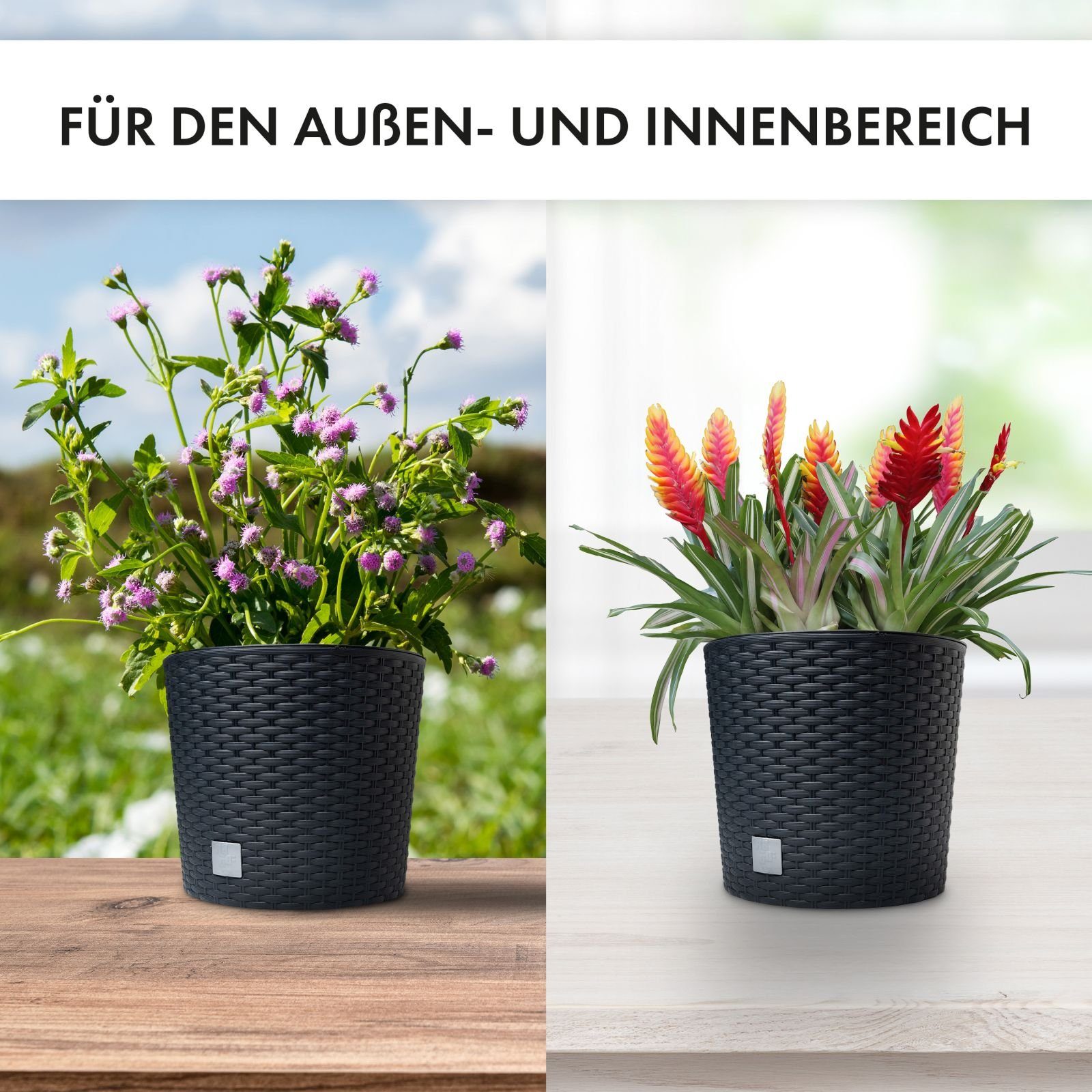 astor24 Blumentopf 2x Blumentopf Rattan Blumenkübel Pflanzentopf (Blumentopf Garten Balkon Blumen Topf Kräutertopf, 2 Blumentöpfe), Durchmesser 20 cm - 2 Blumentöpfe - hochwertig verarbeitet - mit Wasserüberlauf - fertig montiert