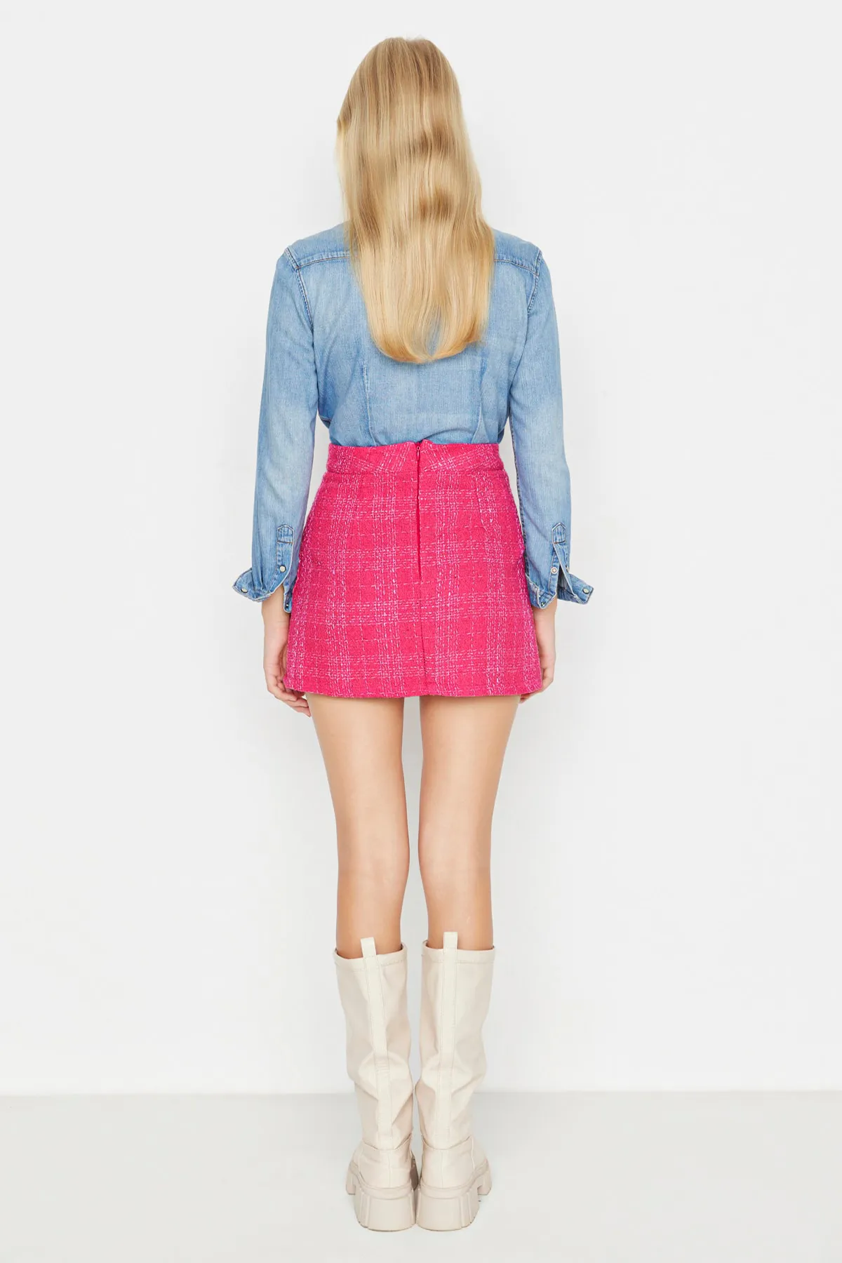 Trendyol Collection  Rosa Mini-Tweedrock mit geradem Schnitt - Bleistiftstoff, TWOAW23ET00105
