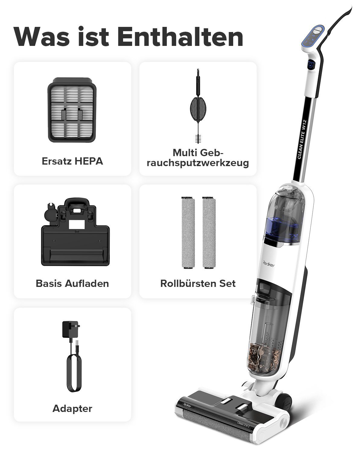 Redkey Nass-Trocken-Akkusauger W12, 150,00 W, Beutellos, Handstaubsauger, Akkustaubsauger, Selbstreinigung, Staubsauger Kabellos, 3-in-1 Nass Trockensauger, LED Anzeige, Doppelwassertank