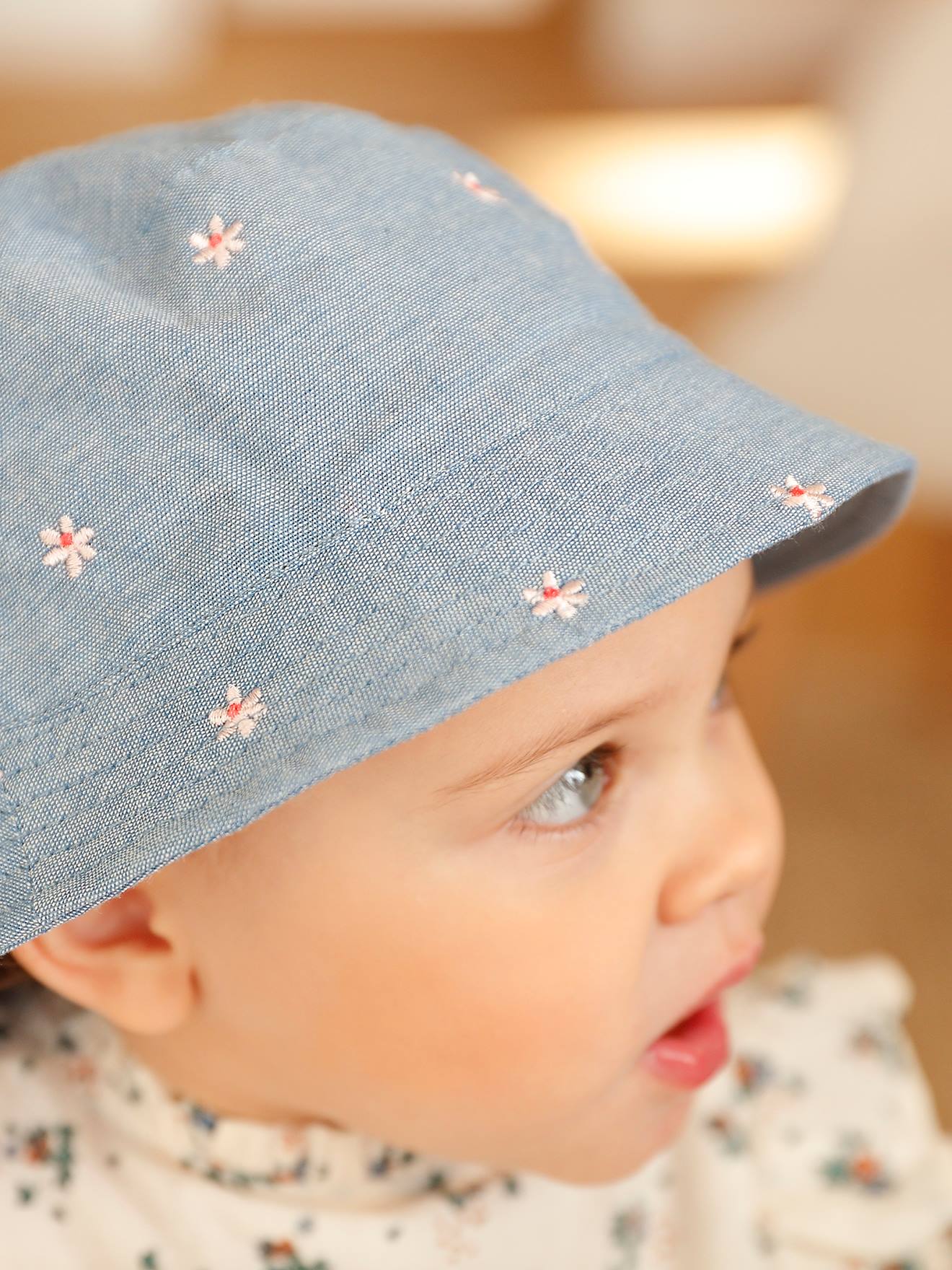 Vertbaudet Mädchen Baby Sonnenhut mit Blumenstickereien - jeansblau