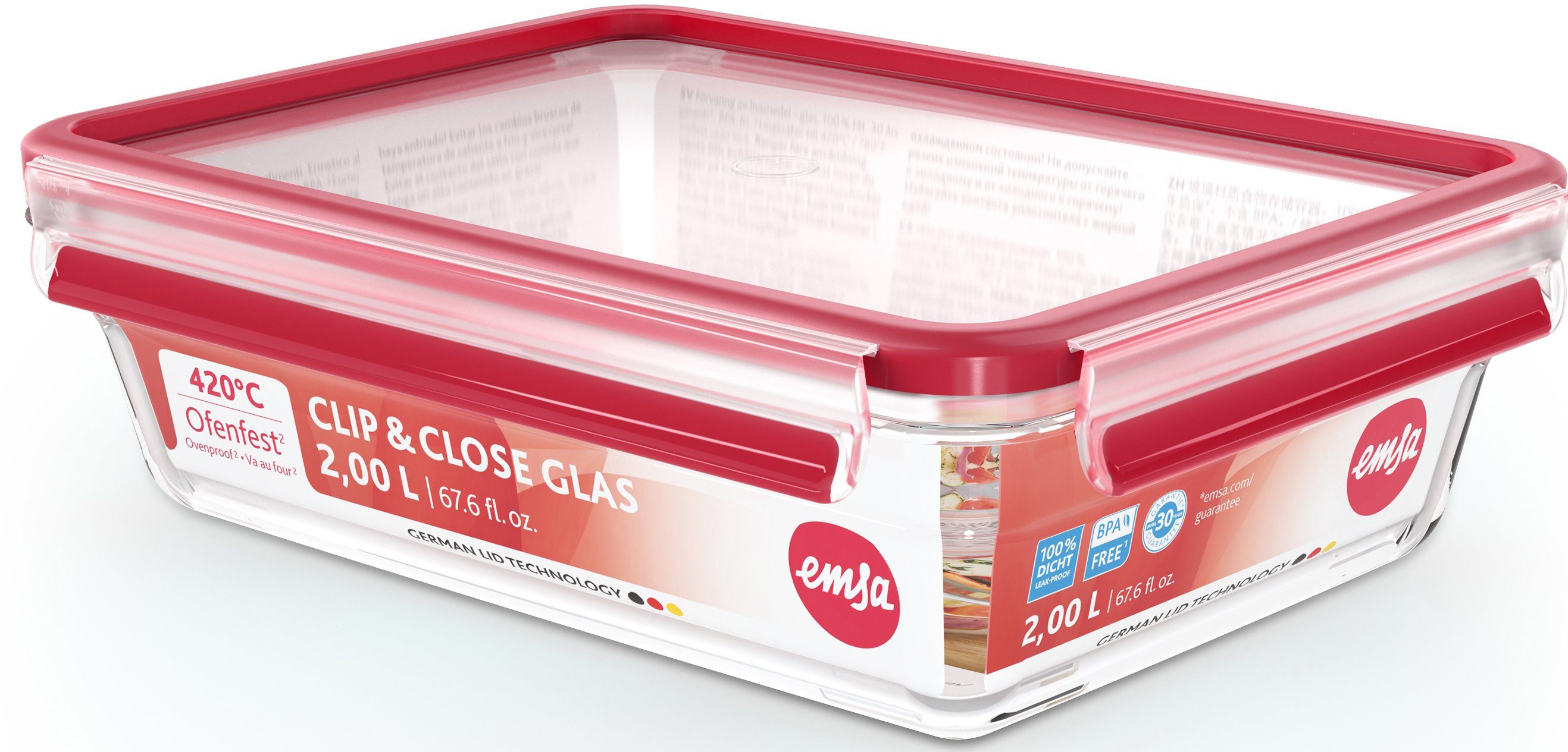 Emsa Frischhaltedose Clip&Close, Made in Germany, 2 Liter, Glas, (2-tlg), backofen-, gefrierfest, mikrowellengeeignet, (2 Dosen m. Deckel)