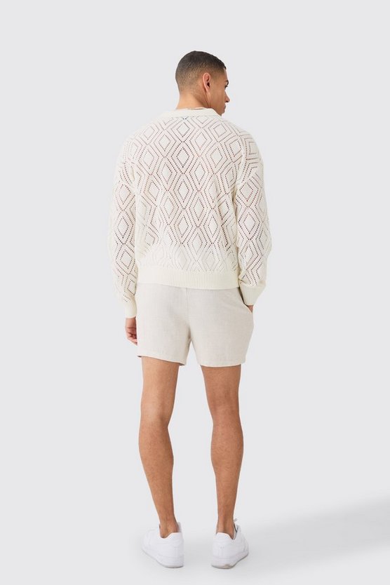 Langärmliges kastiges Strick-Poloshirt in Ecru