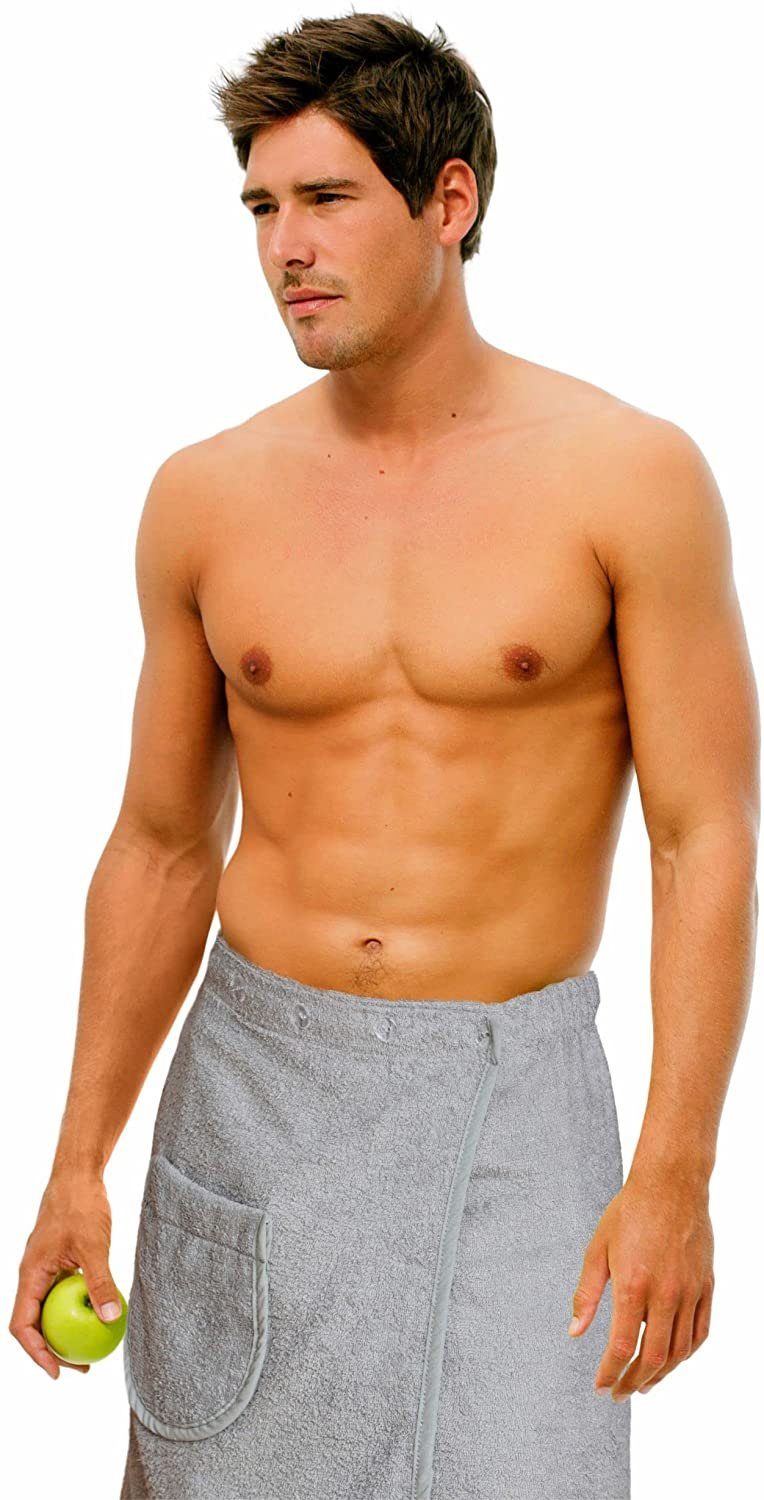 Carenesse Saunatuch Saunakilt Herren 50 x 140 cm grau, weicher OneSize Sauna-Sarong, Baumwolle, mit flexiblem Gummibund & 5-fach Knopfleiste + Tasche aus Baumwolle
