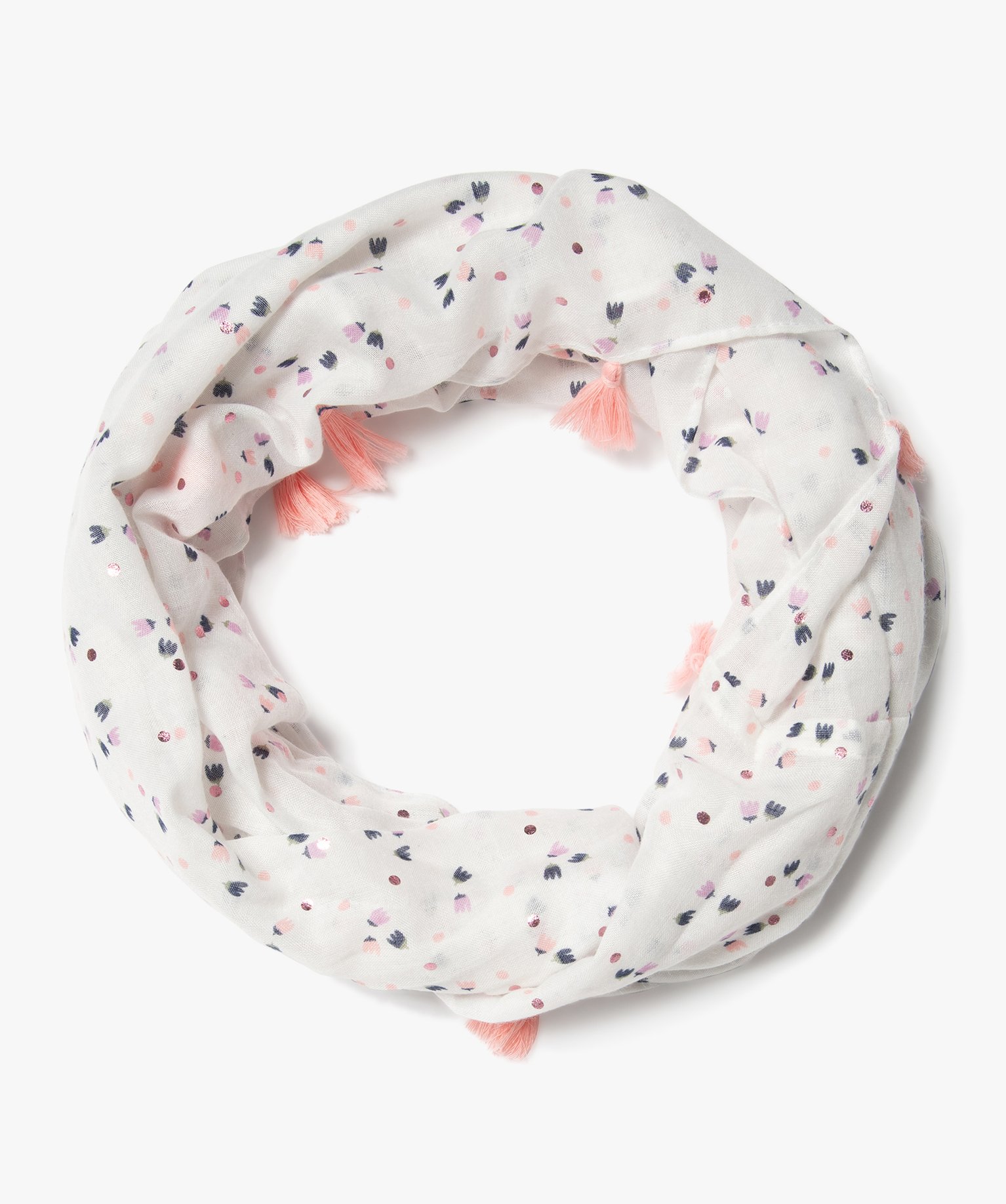 Foulard snood à fleurs, pois brillants et pompons fille blanc | GEMO