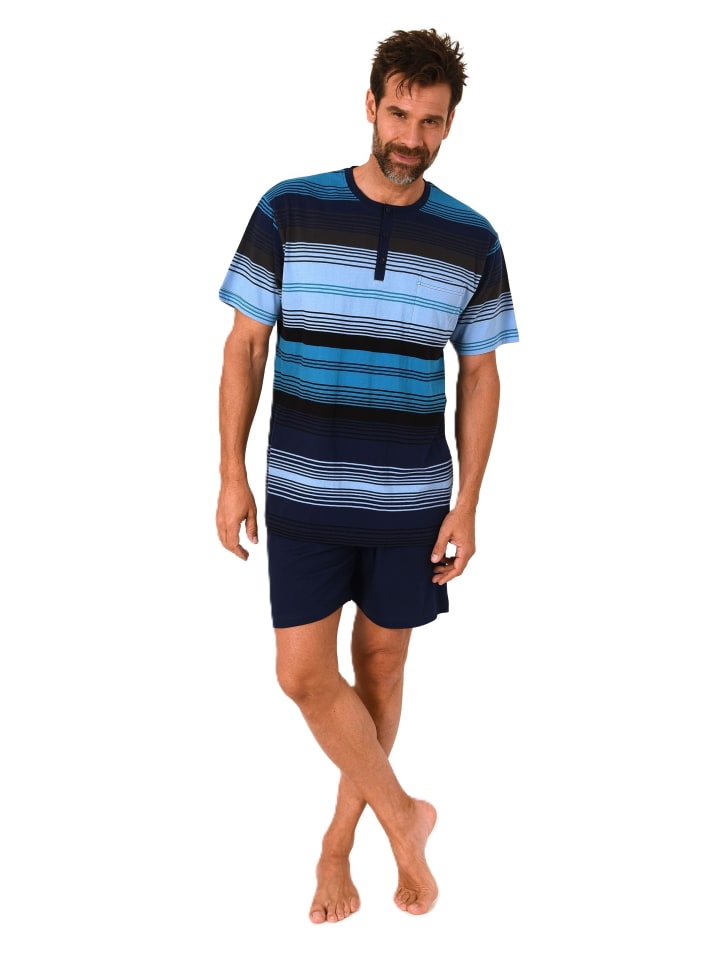 NORMANN Kurzarm Schlafanzug Pyjama Shorty Streifen in marine günstig kaufen