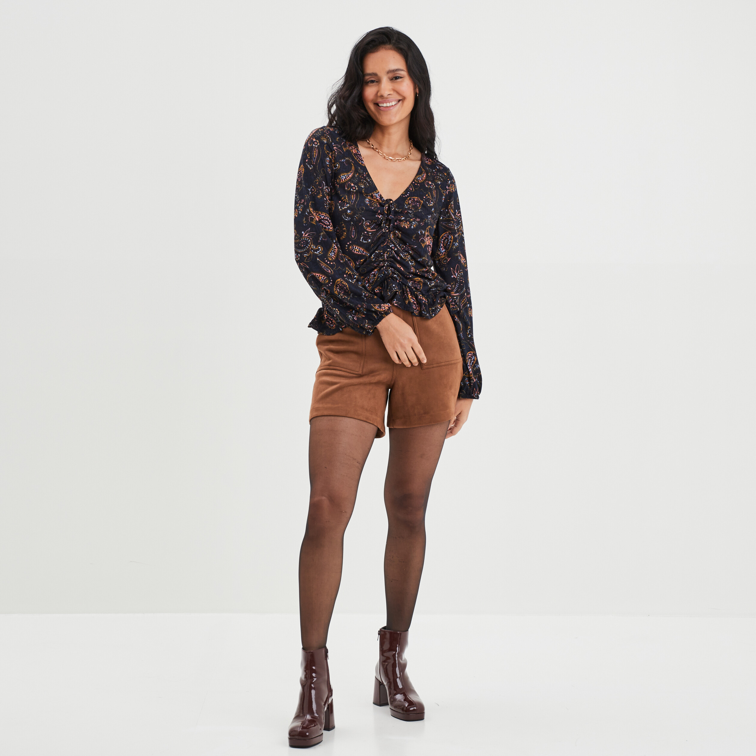 Short suédine droit taille haute marron foncé femme | La Halle