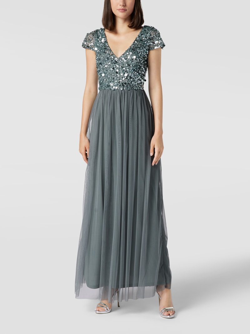 Abendkleid in Maxilänge mit Paillettenbesatz in dunkelgrau