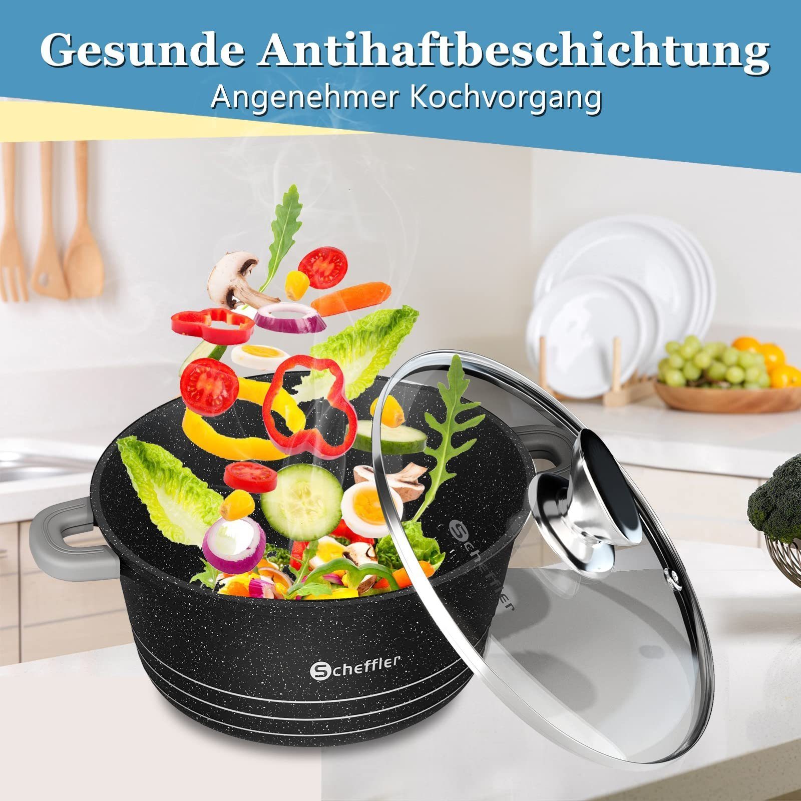 Scheffler Topf-Set Kochtopf Set Induktions Antihaftbeschichtung Töpfe Set mit Glasdeckel, Aluminium (2,2/4/6/10L, 4-tlg., Topf), Induktionsgeeignet